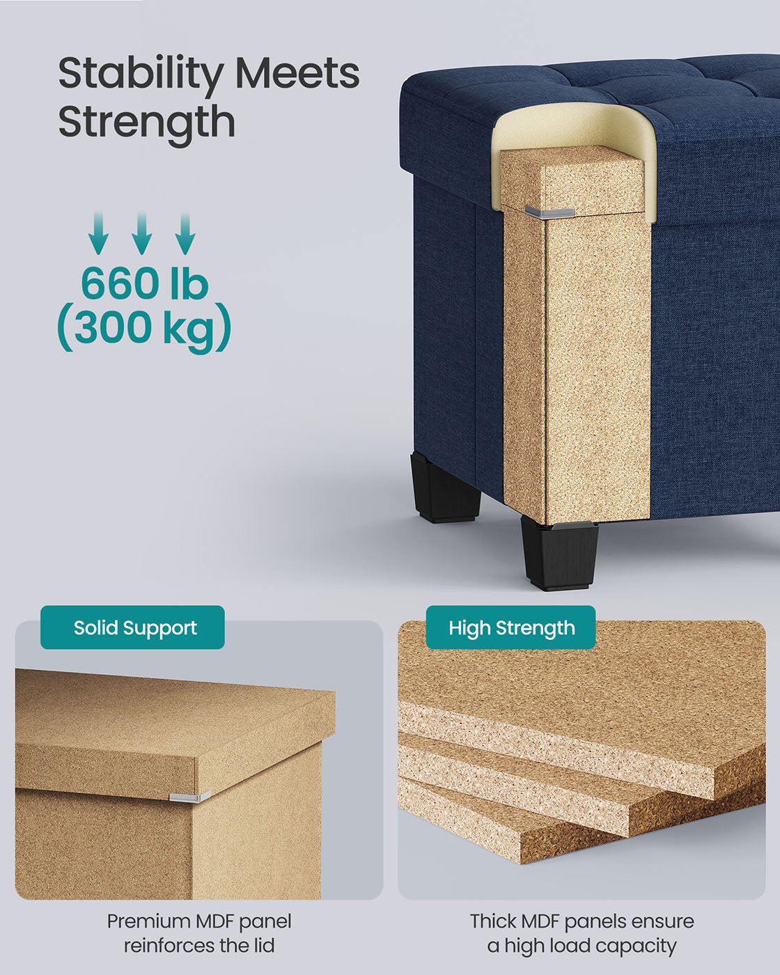 Foldable Storage Ottoman - Fabric - Midnight Blue - Compact Foot Rest with Storage