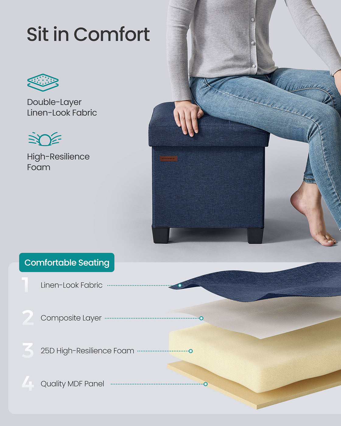 Foldable Storage Ottoman - Fabric - Midnight Blue - Compact Foot Rest with Storage