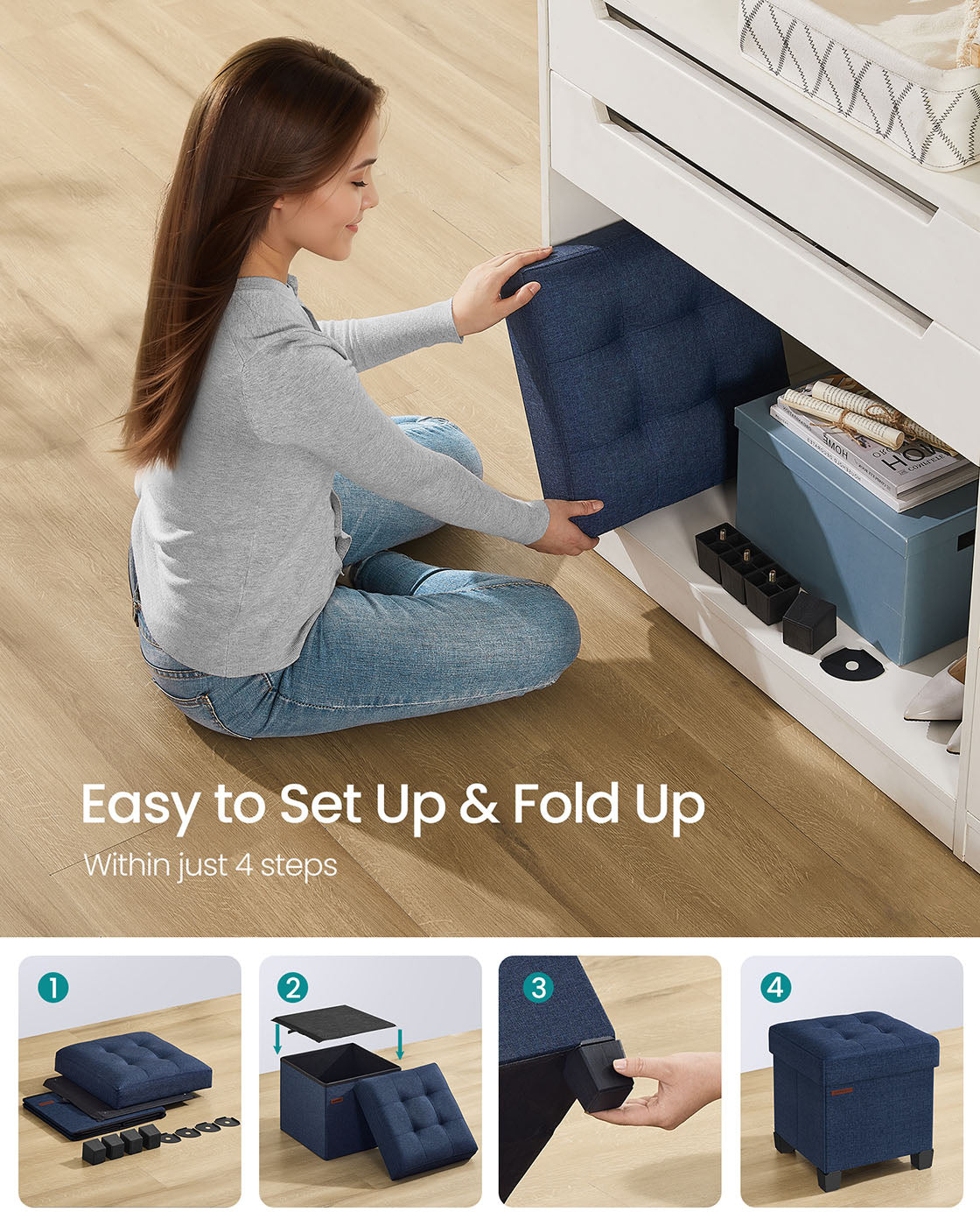Foldable Storage Ottoman - Fabric - Midnight Blue - Compact Foot Rest with Storage