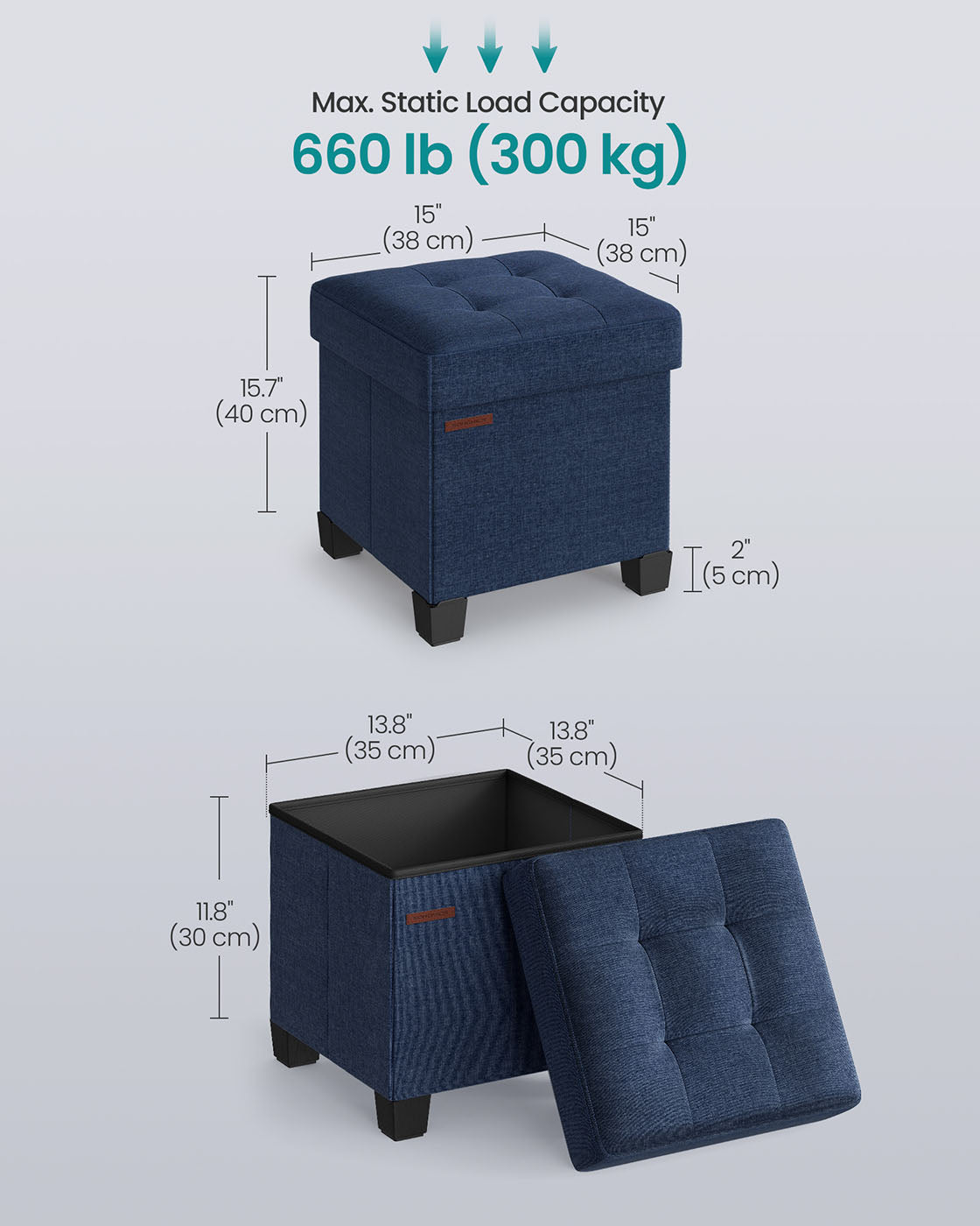 Foldable Storage Ottoman - Fabric - Midnight Blue - Compact Foot Rest with Storage