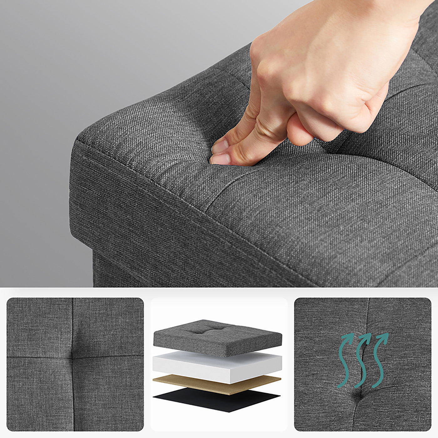 Storage Ottoman - Fabric - Dark Grey - Padded