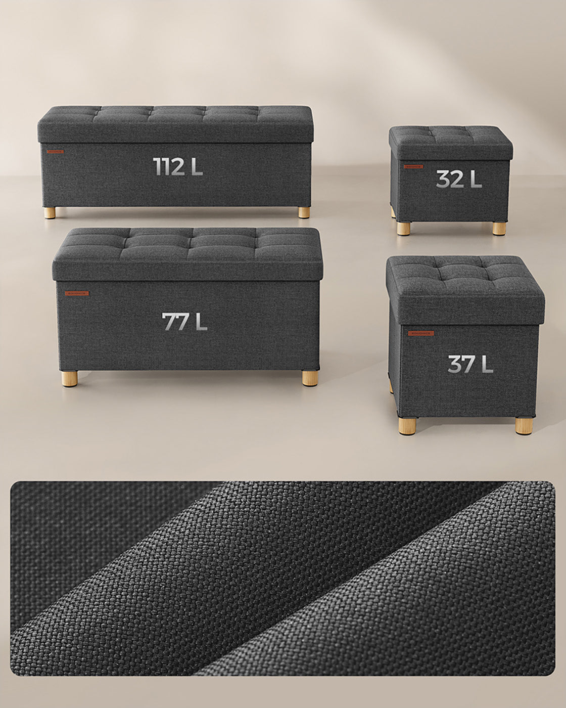 Storage Ottoman - Fabric - Dark Grey - Padded