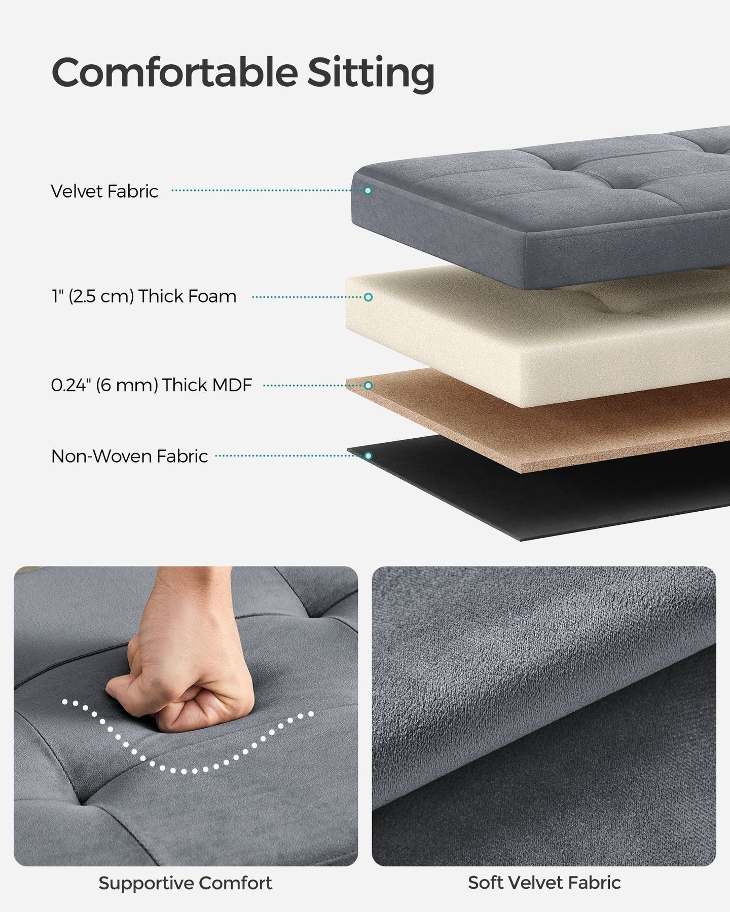 Foldable Storage Ottoman Bench - Velvet - Slate Grey - Versatile Footstool and Storage Chest