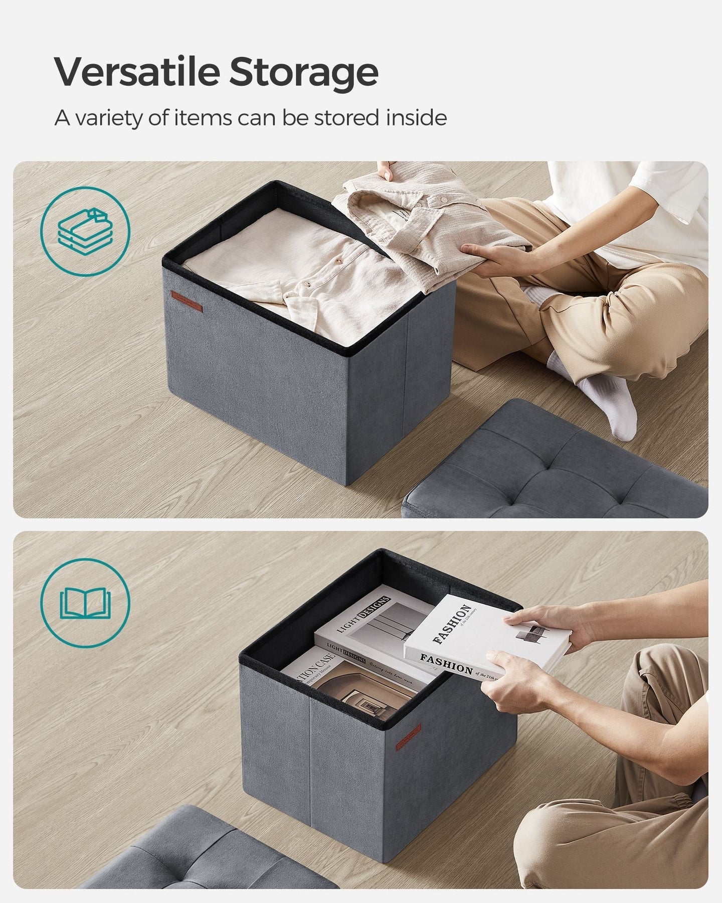 Foldable Storage Ottoman Bench - Velvet - Slate Grey - Versatile Footstool and Storage Chest
