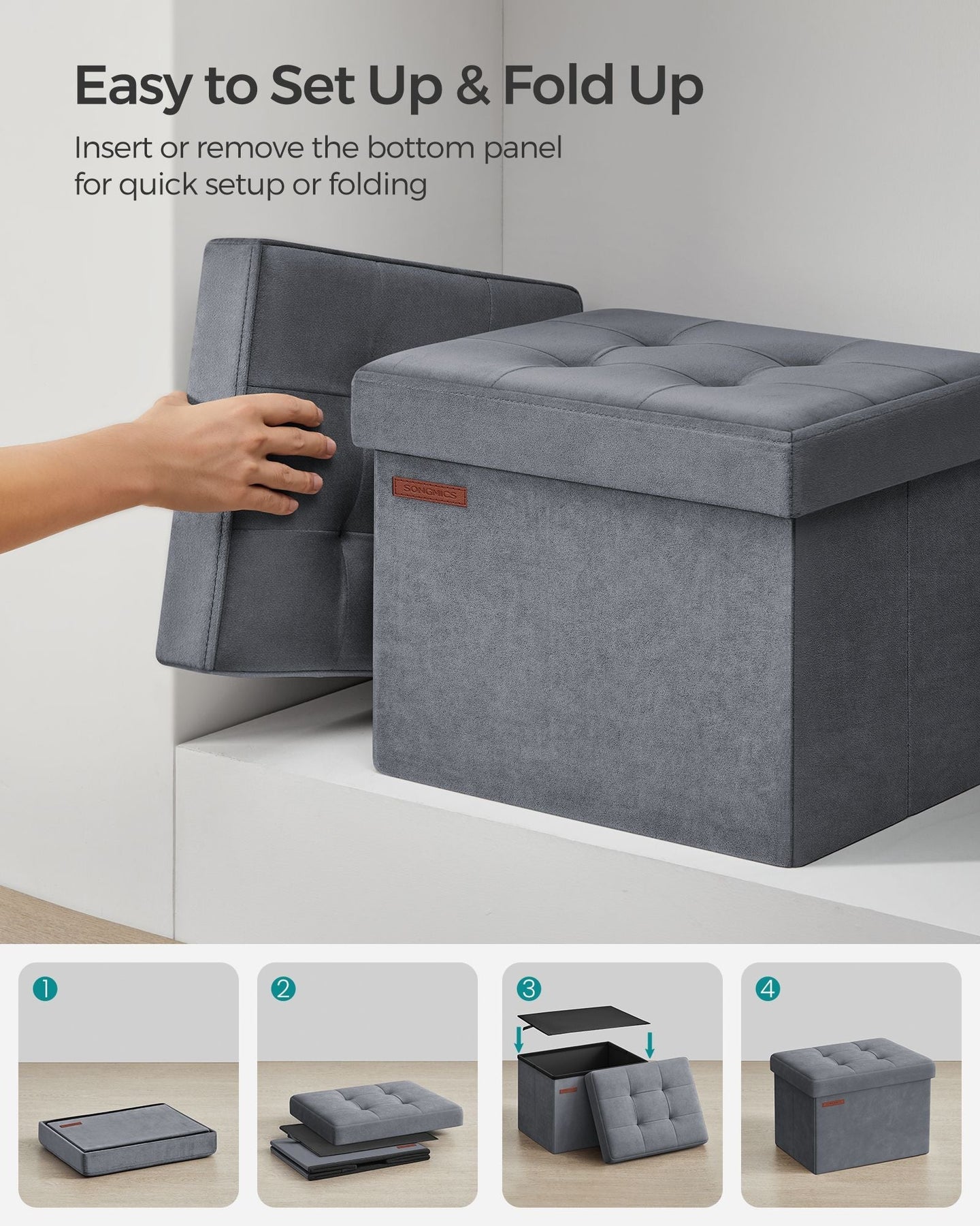 Foldable Storage Ottoman Bench - Velvet - Slate Grey - Versatile Footstool and Storage Chest