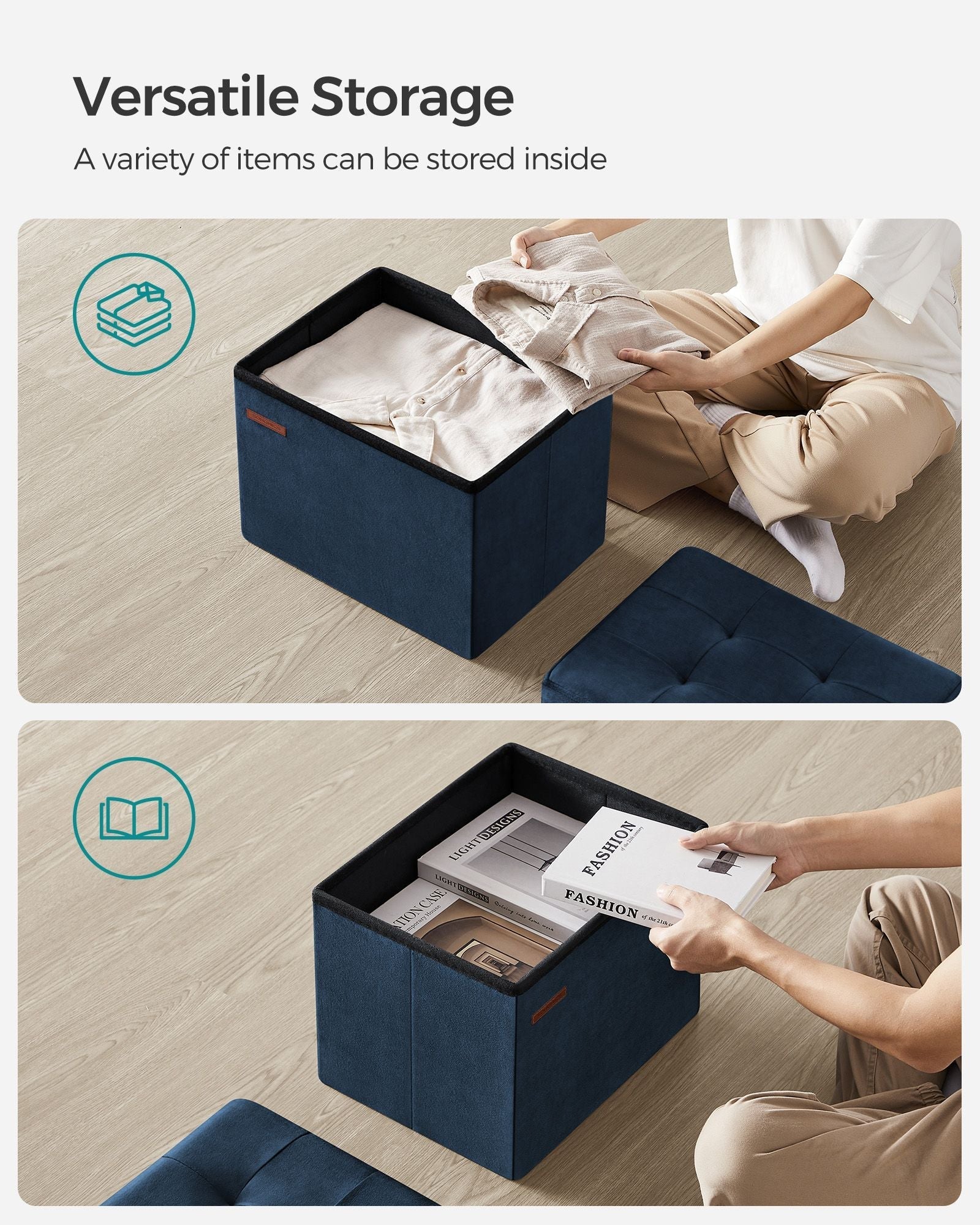 Foldable Ottoman Storage Bench - Velvet - Midnight Blue - Multi-Functional Footstool with Lid