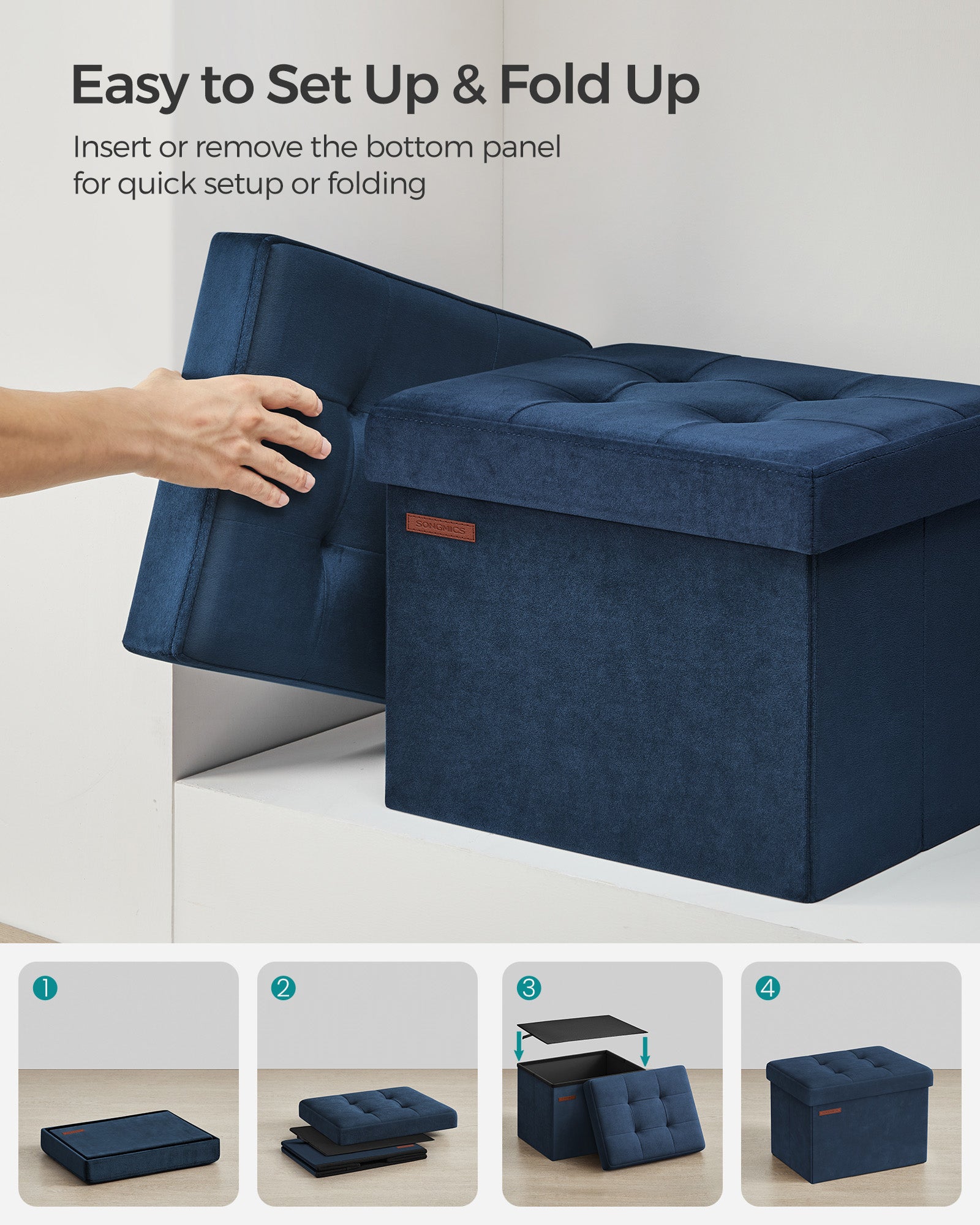 Foldable Ottoman Storage Bench - Velvet - Midnight Blue - Multi-Functional Footstool with Lid