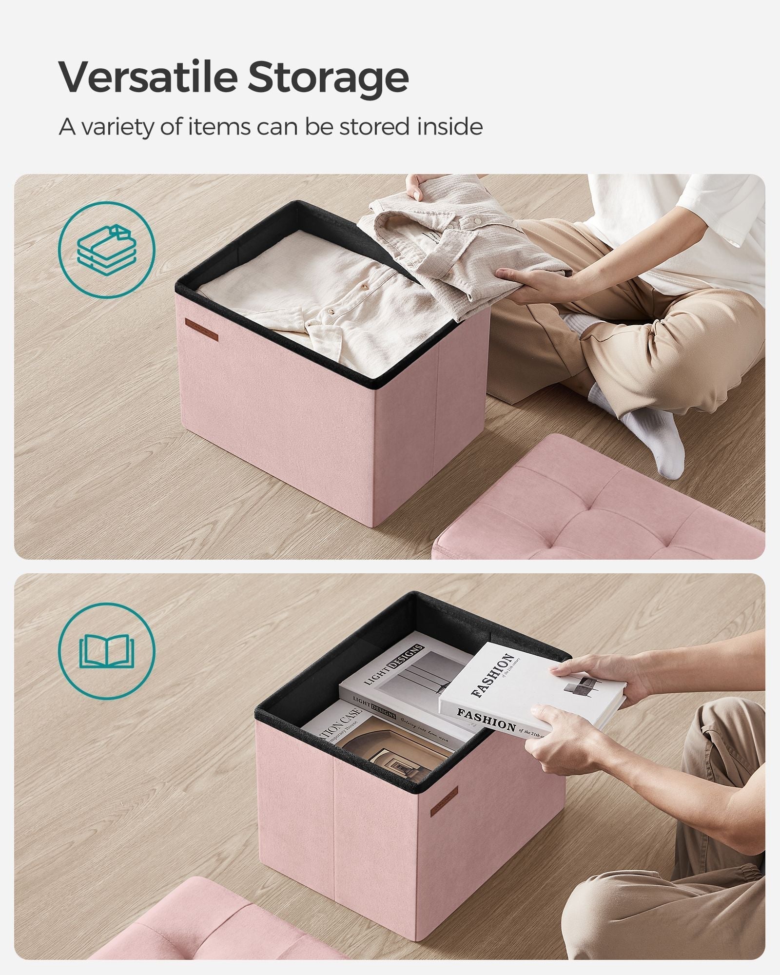 Foldable Storage Ottoman Bench - Velvet - Jelly Pink - Multi-Functional Storage and Footstool