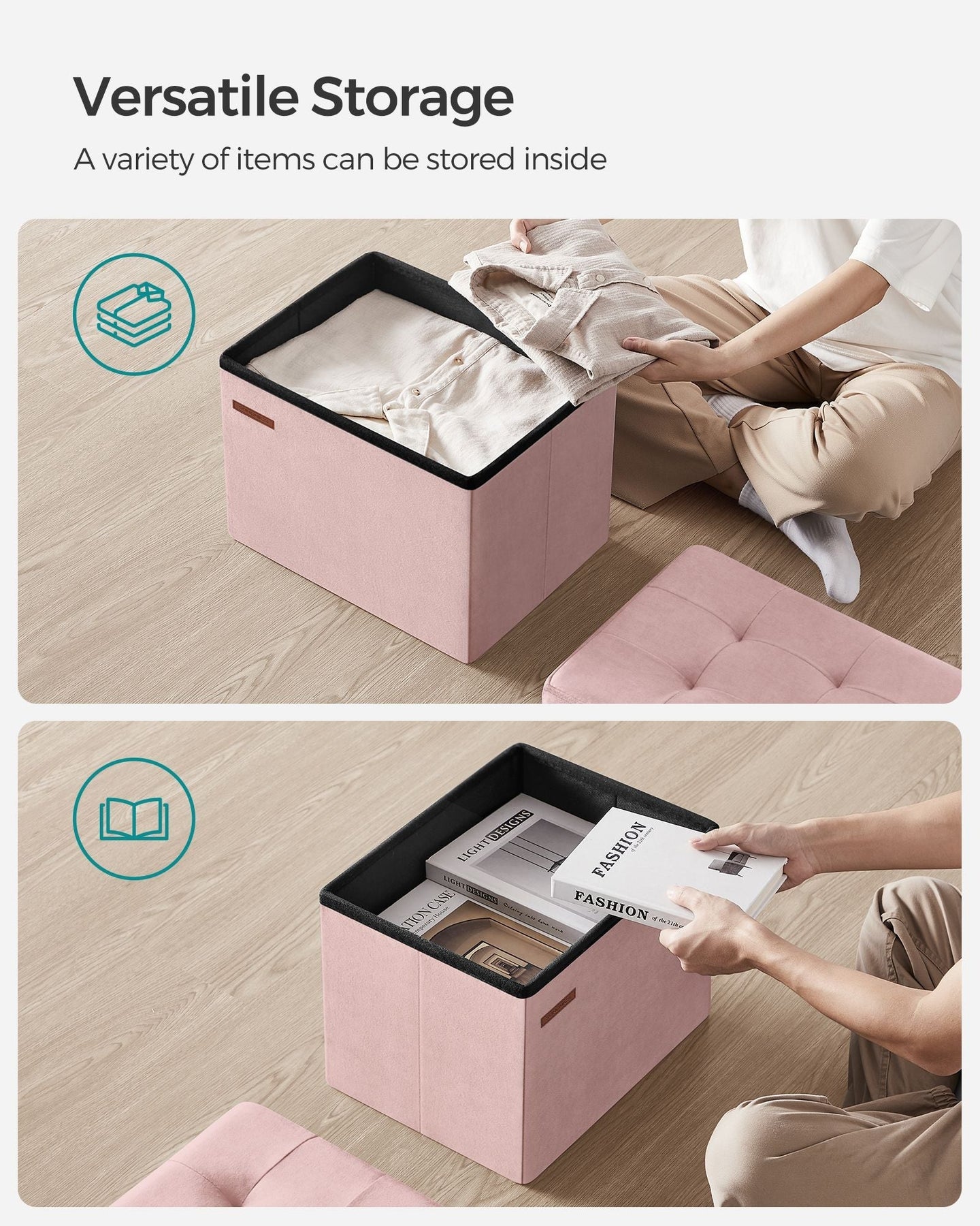 Foldable Storage Ottoman Bench - Velvet - Jelly Pink - Multi-Functional Storage and Footstool