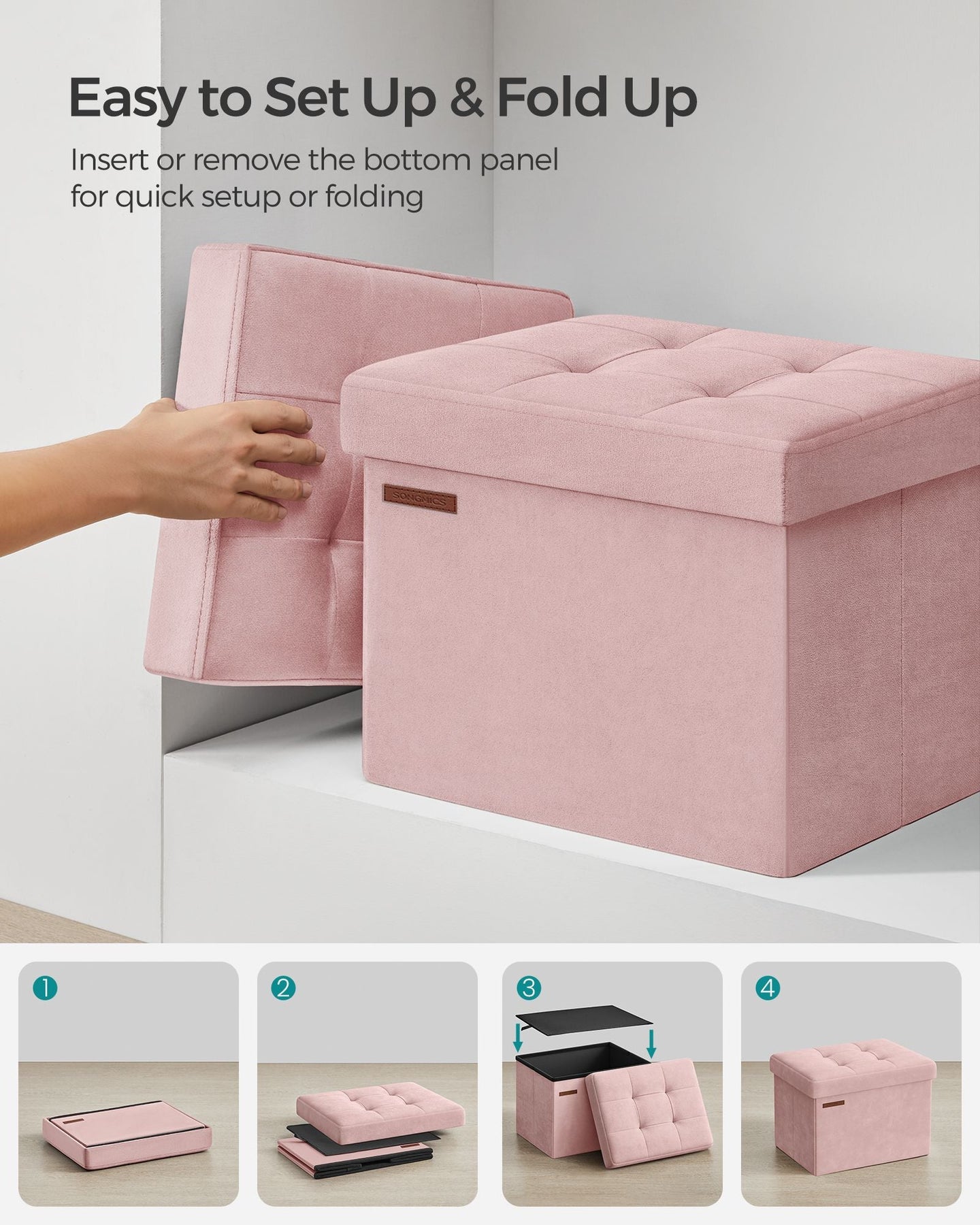 Foldable Storage Ottoman Bench - Velvet - Jelly Pink - Multi-Functional Storage and Footstool