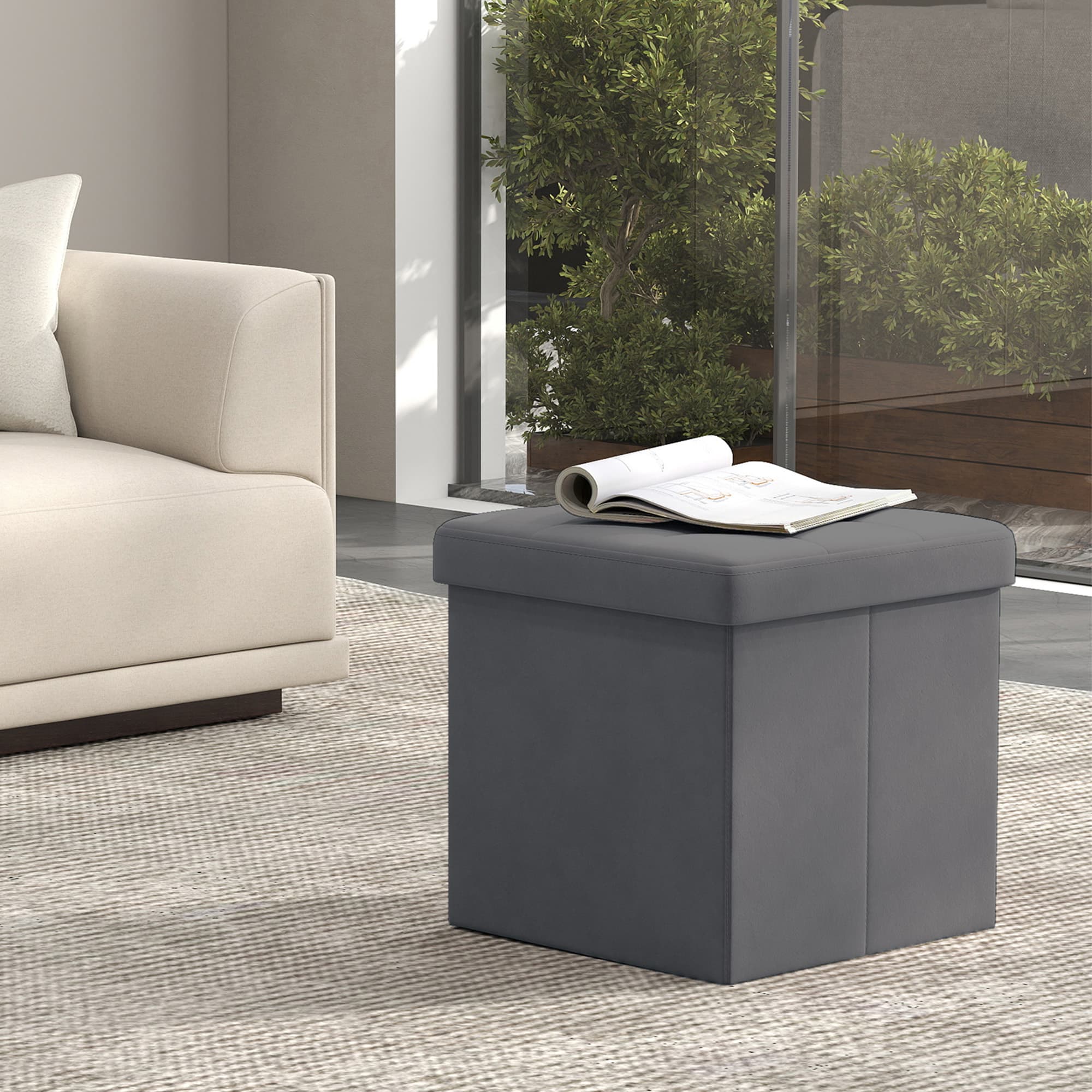 Storage Ottoman - Fabric - Slate Grey - Foldable with Storage