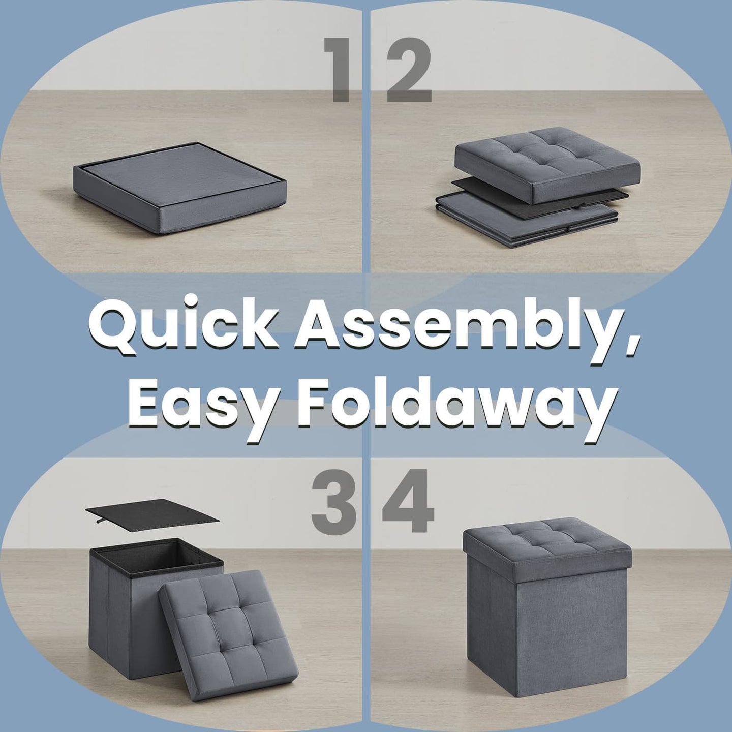 Storage Ottoman - Fabric - Slate Grey - Foldable with Storage