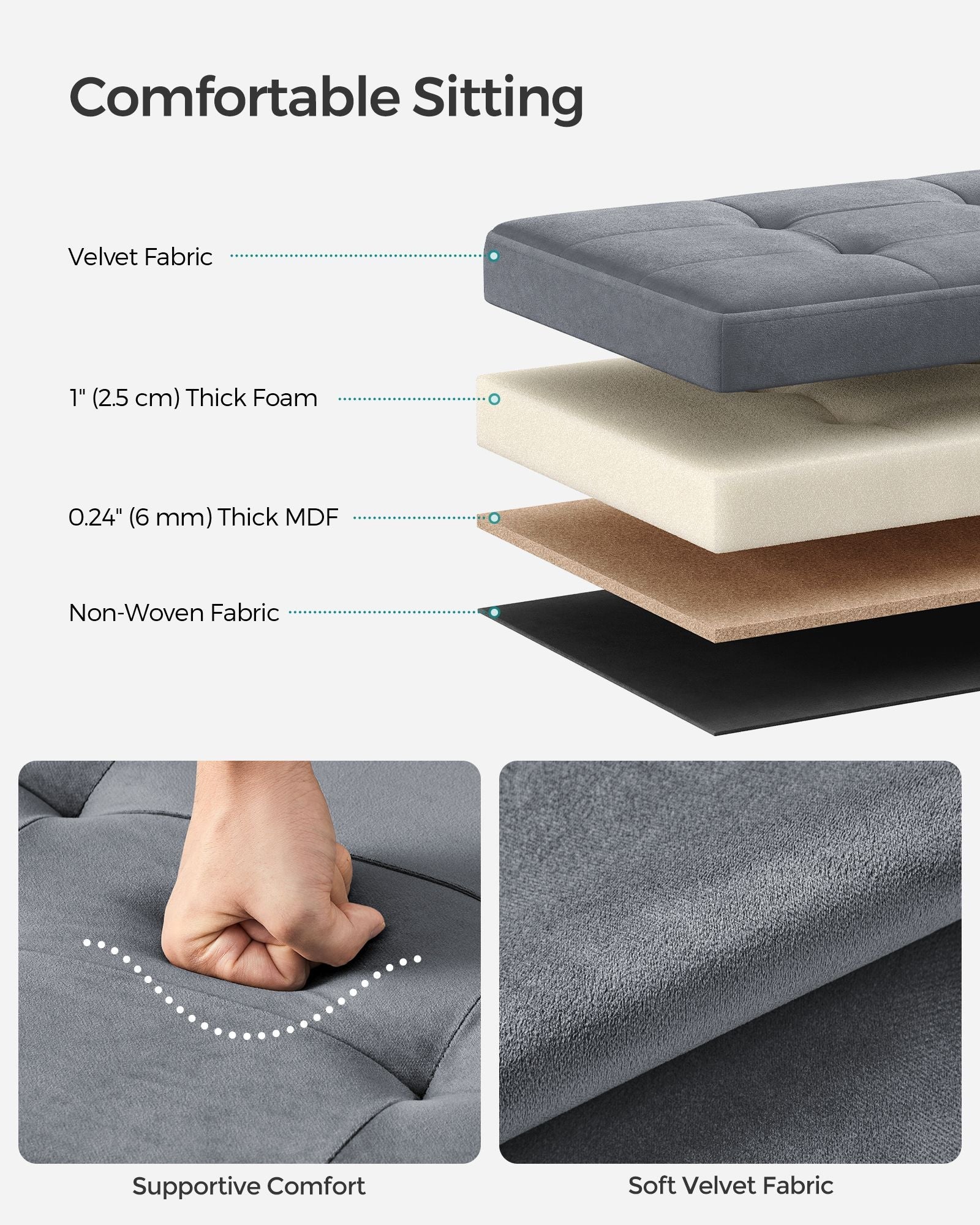 Foldable Storage Ottoman Bench - Velvet - Slate Grey - Versatile Footstool and Storage Chest