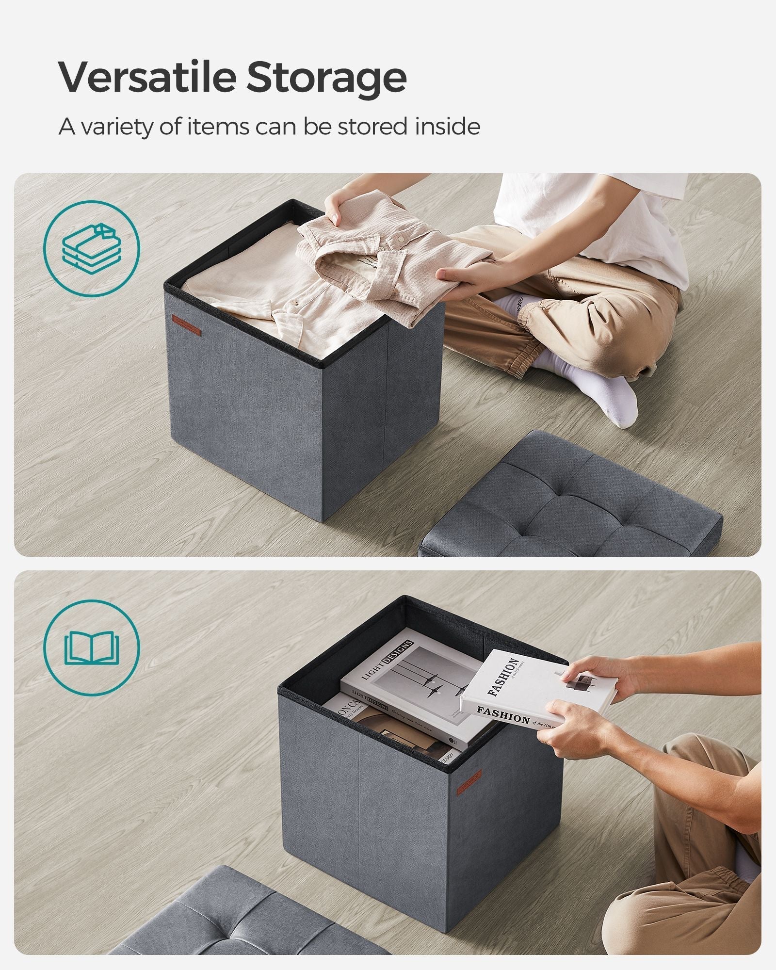Foldable Storage Ottoman Bench - Velvet - Slate Grey - Versatile Footstool and Storage Chest