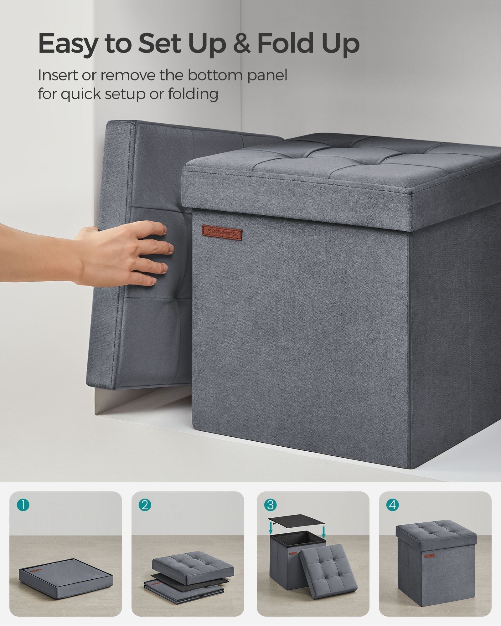 Foldable Storage Ottoman Bench - Velvet - Slate Grey - Versatile Footstool and Storage Chest