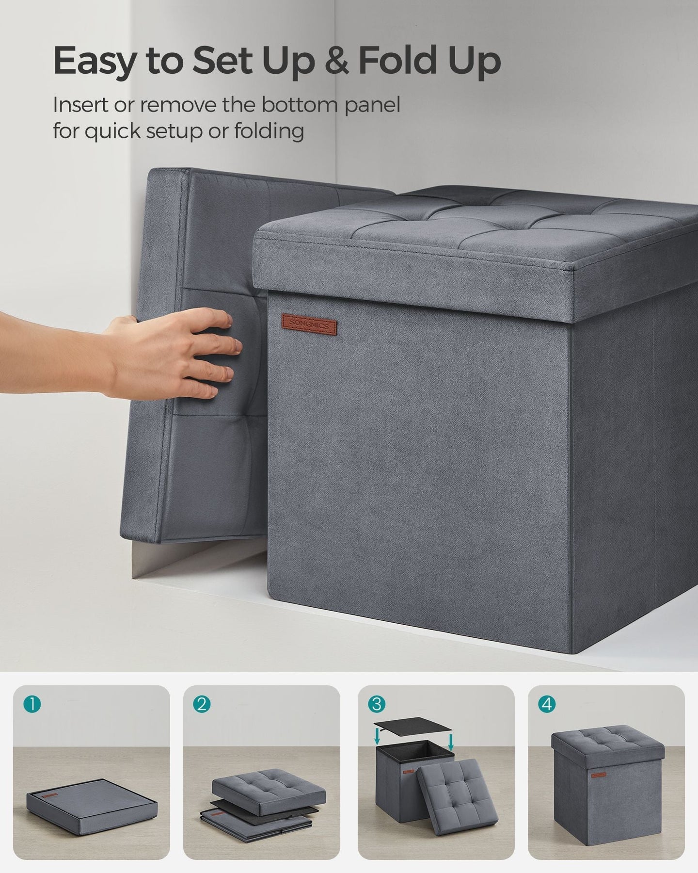 Foldable Storage Ottoman Bench - Velvet - Slate Grey - Versatile Footstool and Storage Chest