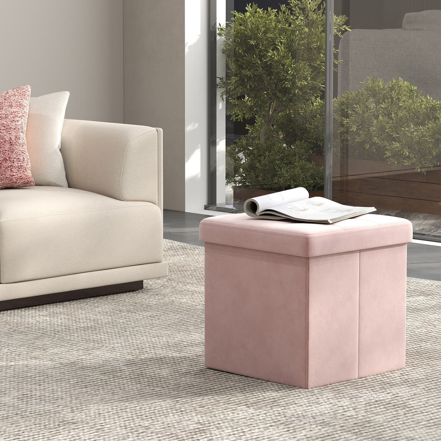 Storage Ottoman - Fabric - Slate Grey - Foldable with Storage