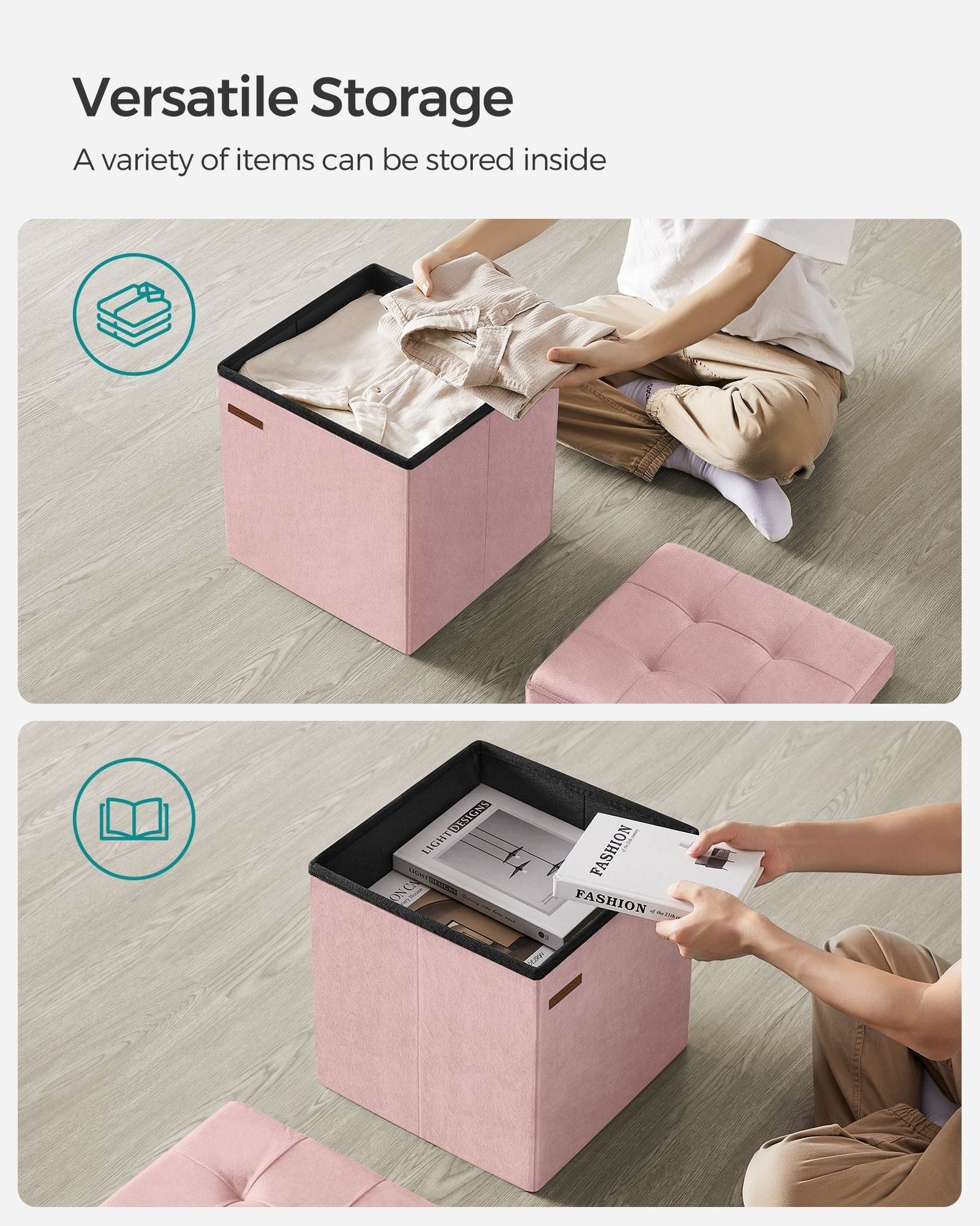 Storage Ottoman Bench - Velvet - Jelly Pink - Foldable Design with Lid