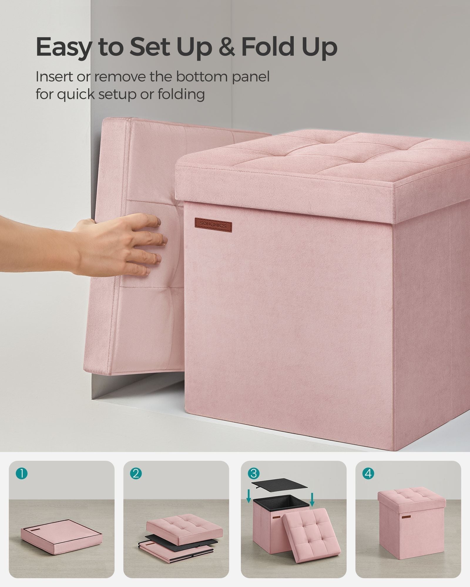 Storage Ottoman Bench - Velvet - Jelly Pink - Foldable Design with Lid