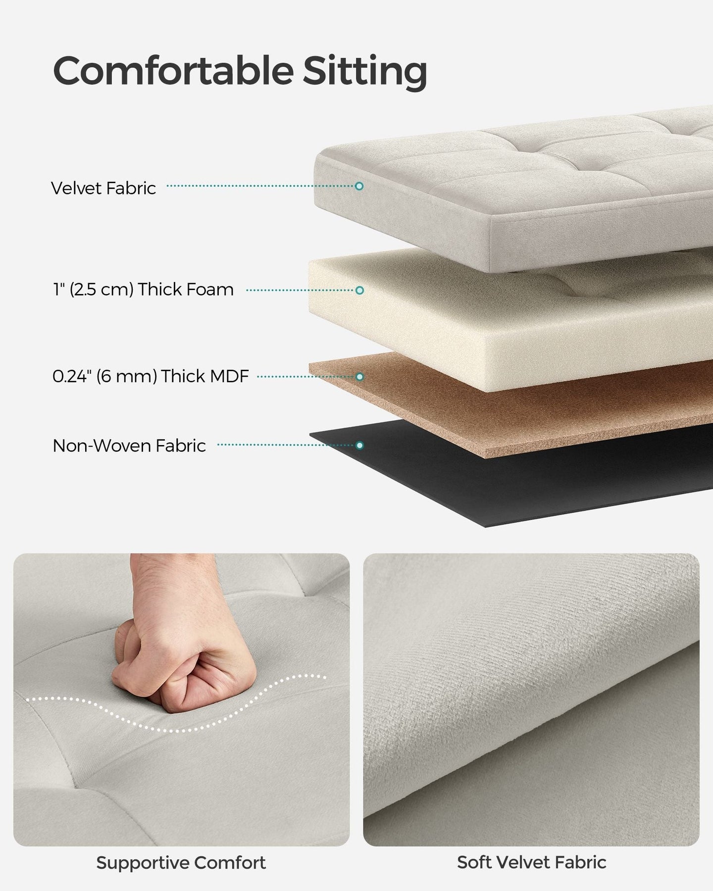 Foldable Storage Ottoman - Velvet - Cream White - Versatile Bench with Lid for Living Room