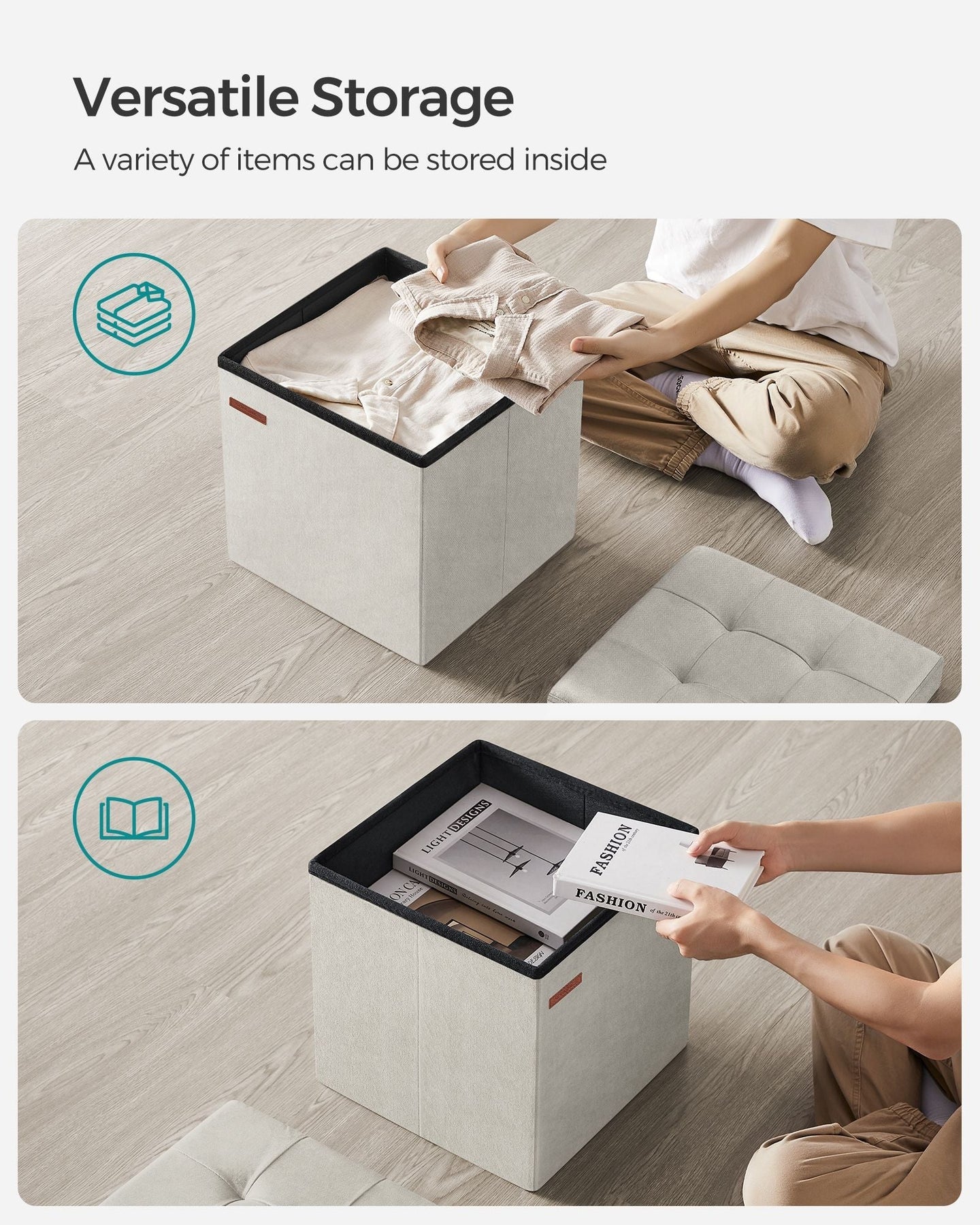 Foldable Storage Ottoman - Velvet - Cream White - Versatile Bench with Lid for Living Room