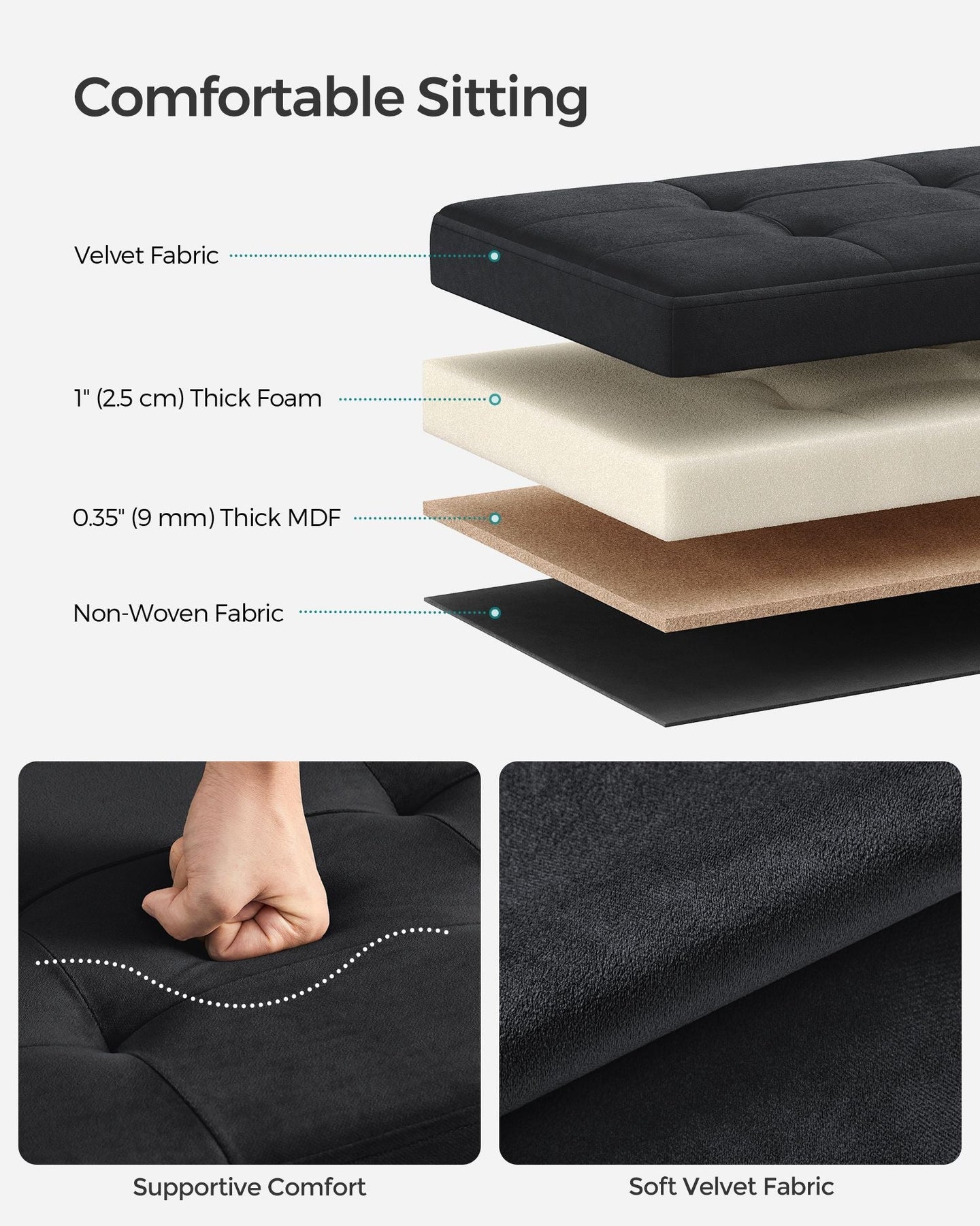 Foldable Velvet Storage Ottoman Bench - 300 kg Load Capacity - Ink Black - Includes 2 Extra Storage Boxes