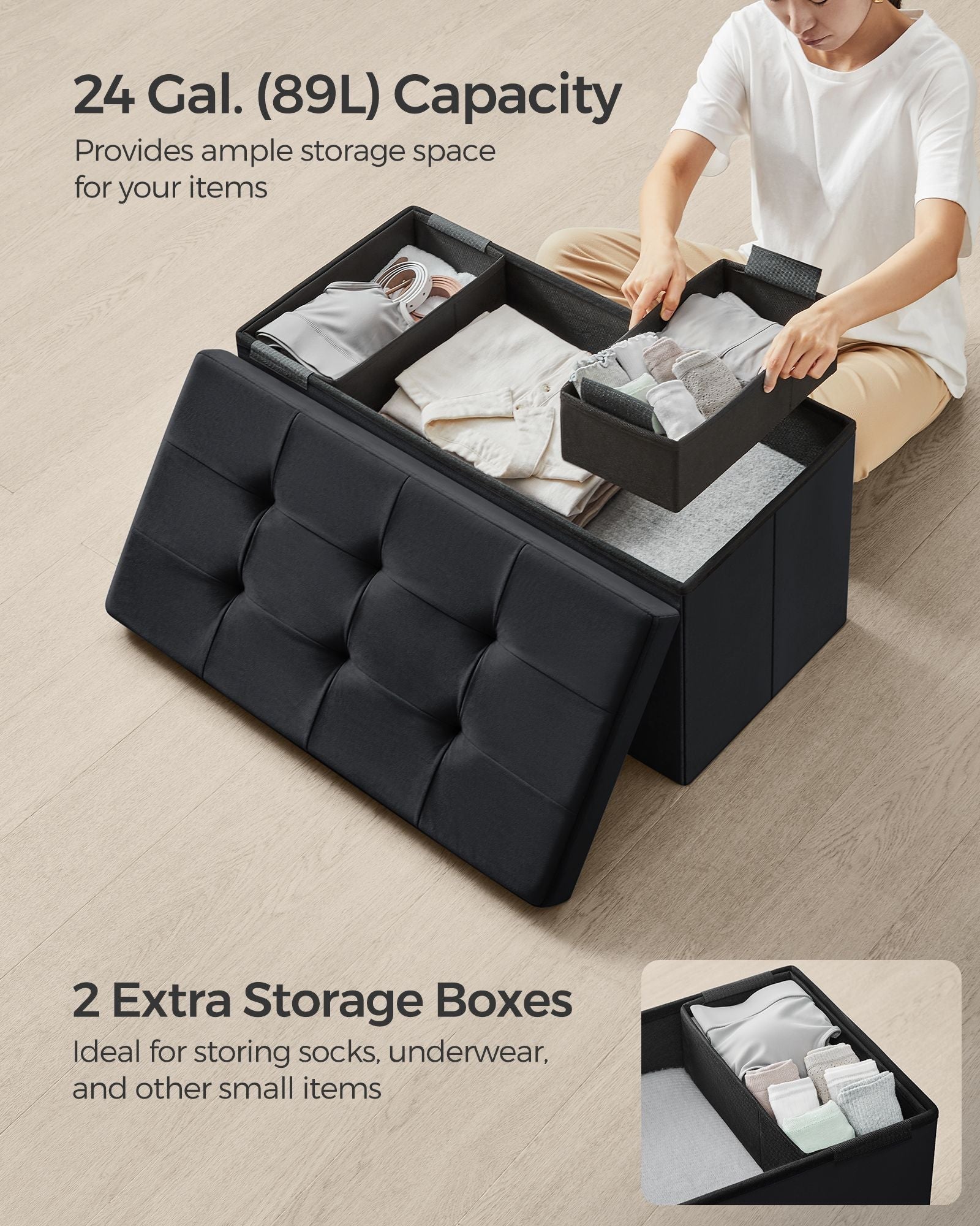 Foldable Velvet Storage Ottoman Bench - 300 kg Load Capacity - Ink Black - Includes 2 Extra Storage Boxes