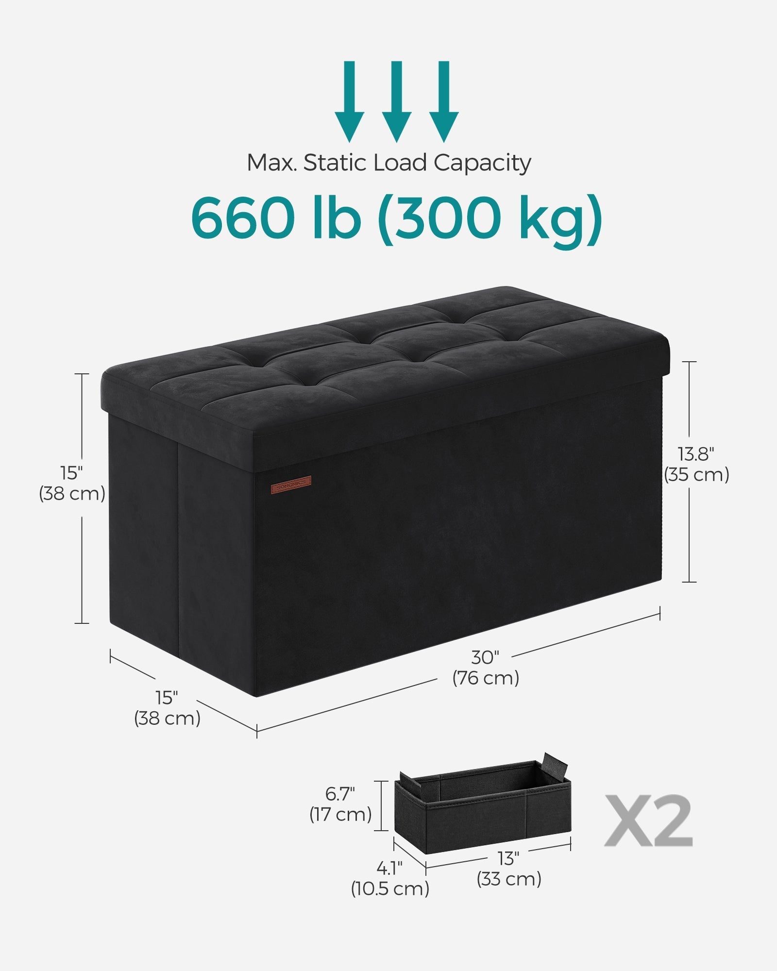 Foldable Velvet Storage Ottoman Bench - 300 kg Load Capacity - Ink Black - Includes 2 Extra Storage Boxes