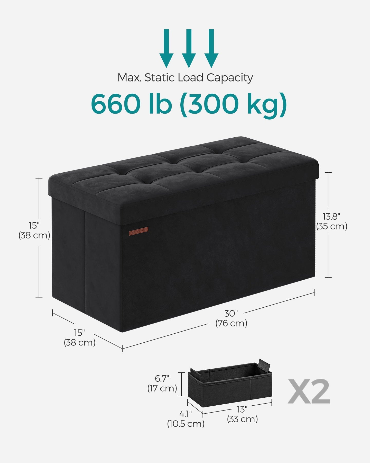 Foldable Velvet Storage Ottoman Bench - 300 kg Load Capacity - Ink Black - Includes 2 Extra Storage Boxes