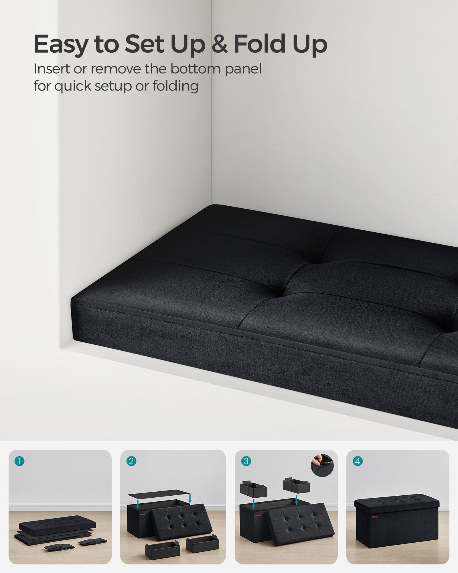 Foldable Velvet Storage Ottoman Bench - 300 kg Load Capacity - Ink Black - Includes 2 Extra Storage Boxes