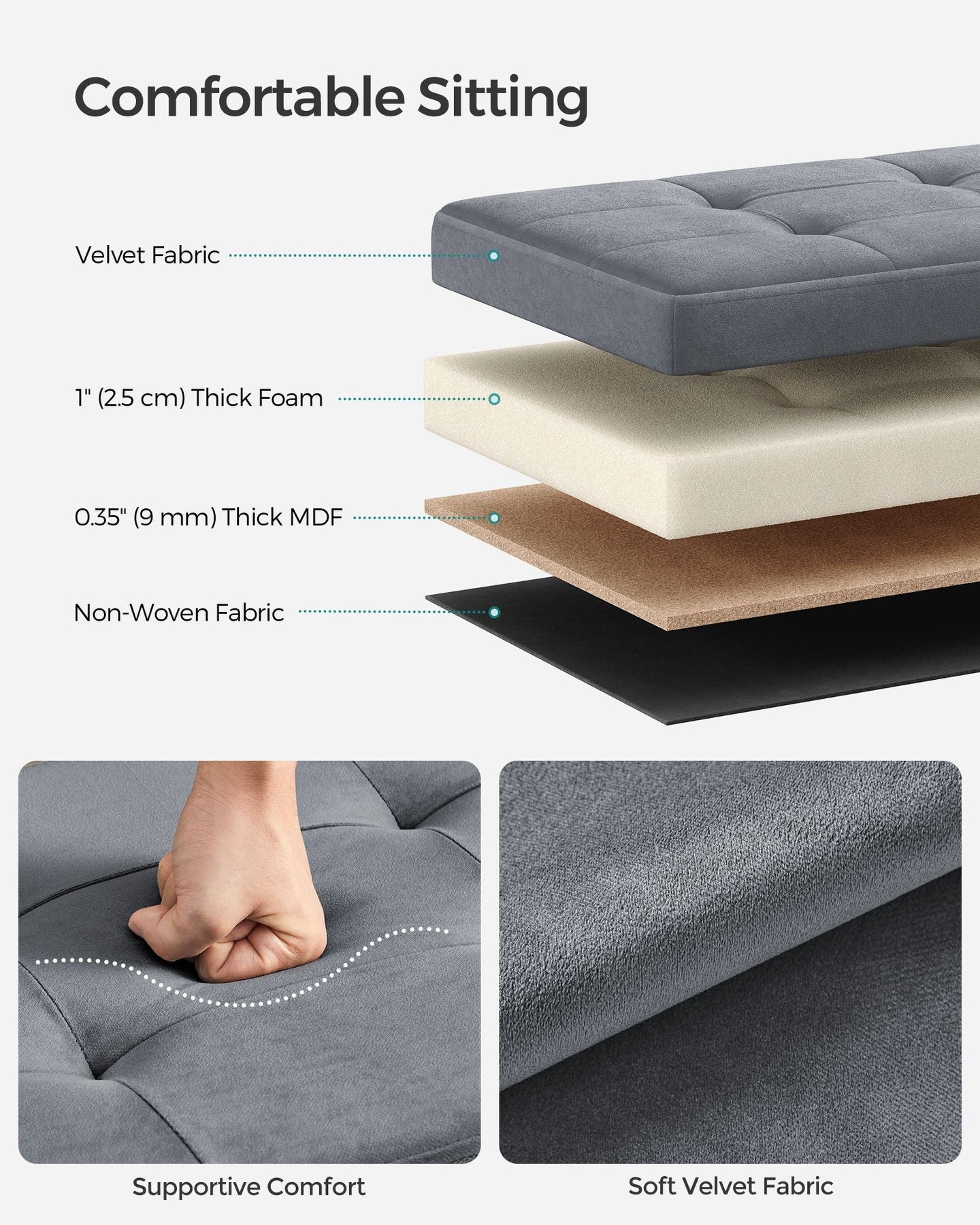 Foldable Storage Ottoman Bench - Velvet - Grey - Includes Extra Storage Boxes