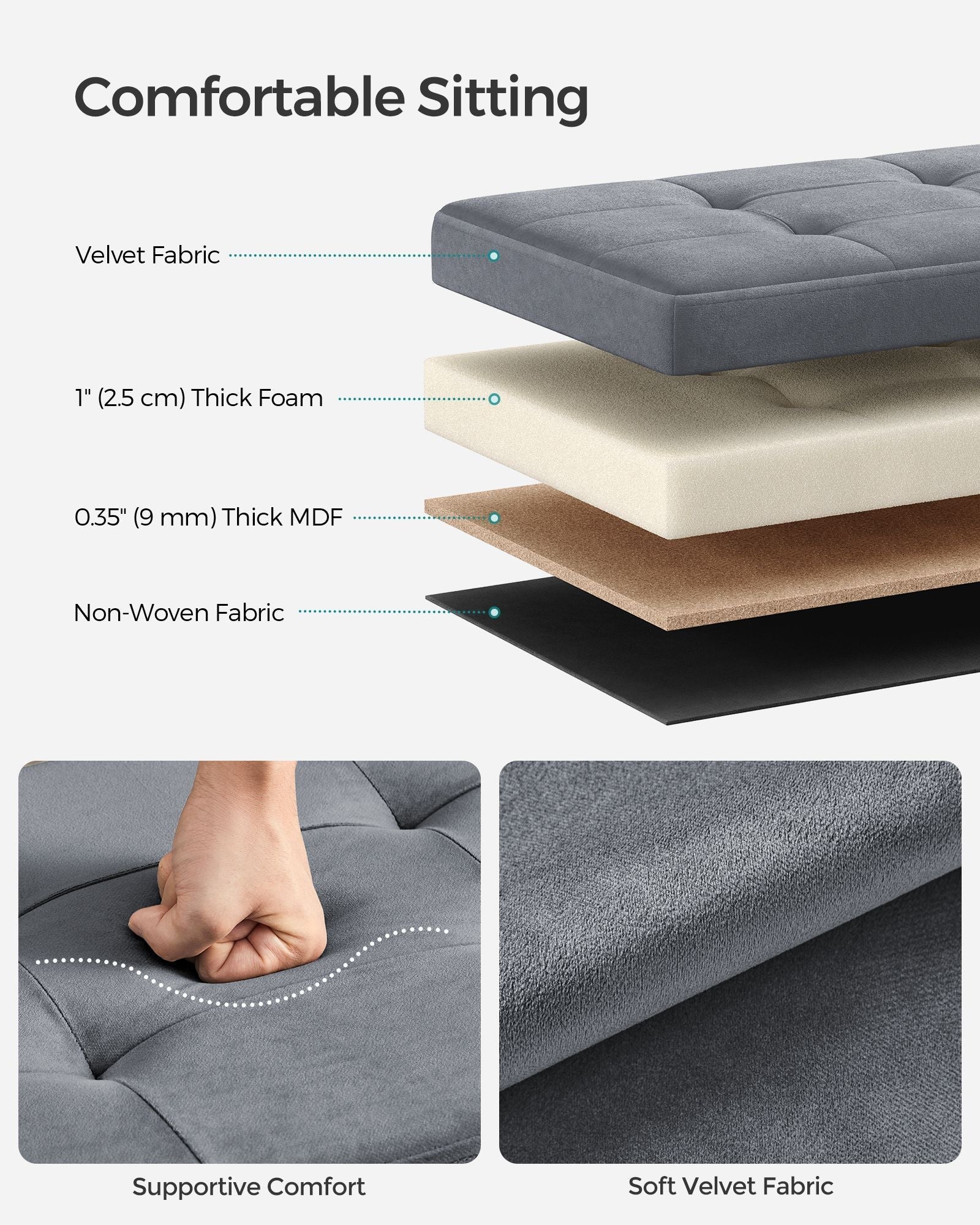 Foldable Storage Ottoman Bench - Velvet - Grey - Includes Extra Storage Boxes