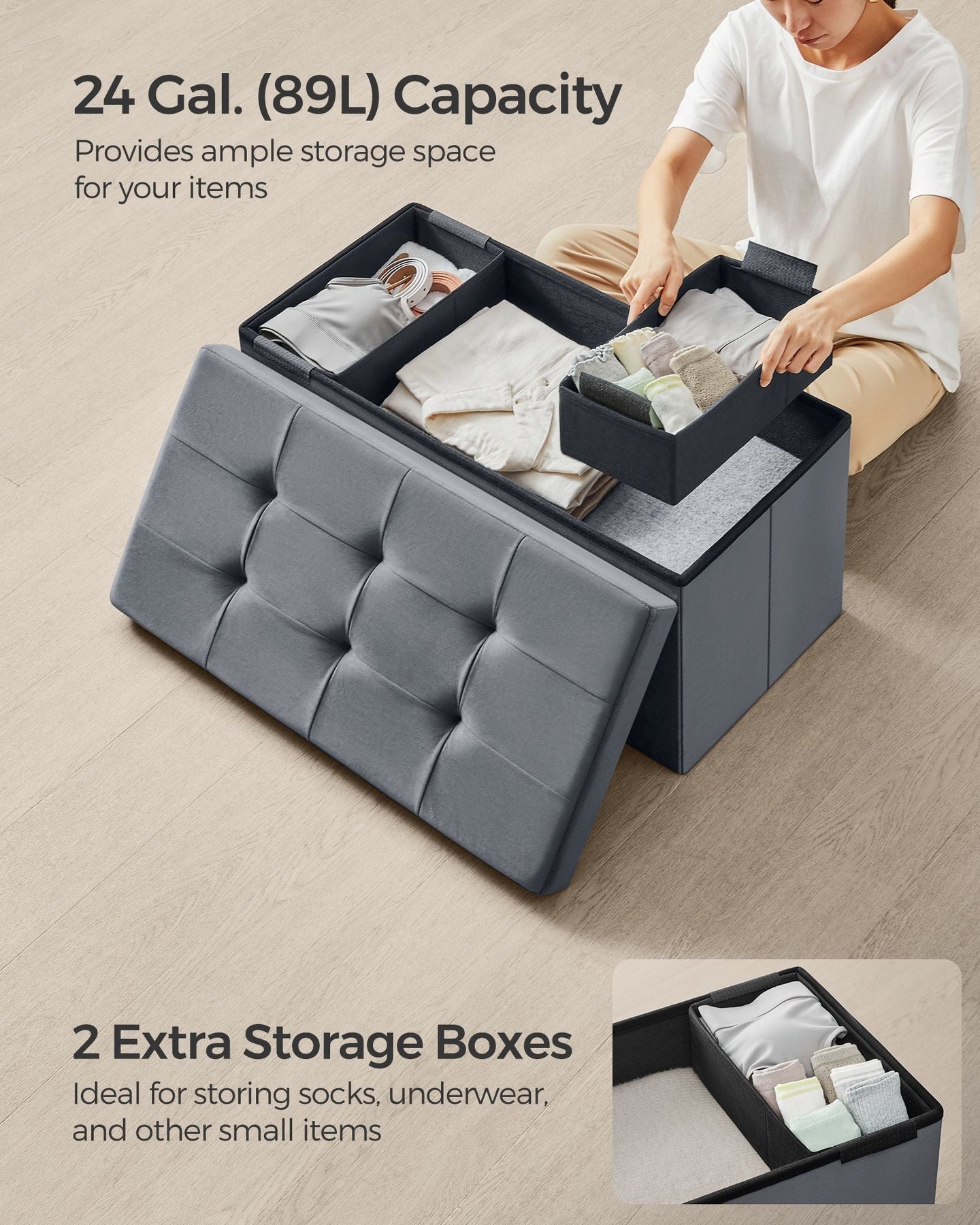 Foldable Storage Ottoman Bench - Velvet - Grey - Includes Extra Storage Boxes