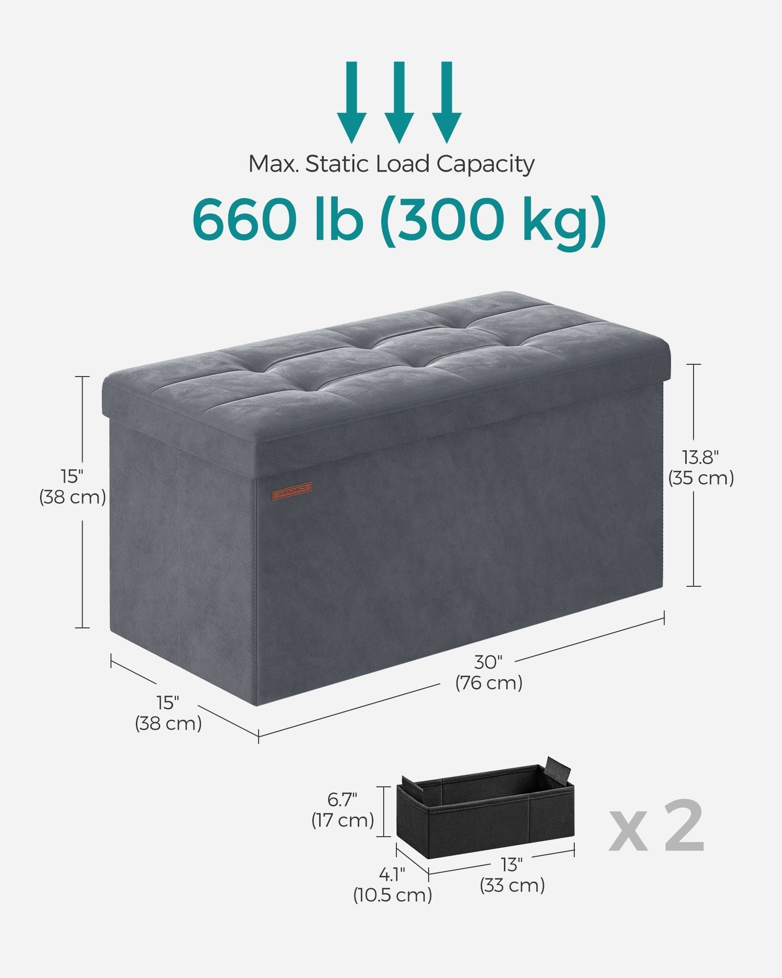 Foldable Storage Ottoman Bench - Velvet - Grey - Includes Extra Storage Boxes