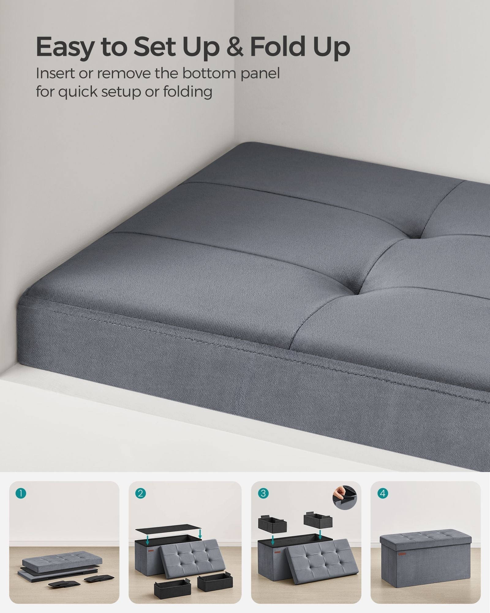Foldable Storage Ottoman Bench - Velvet - Grey - Includes Extra Storage Boxes
