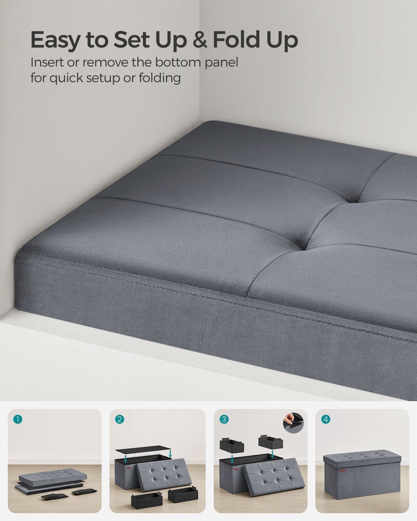 Foldable Storage Ottoman Bench - Velvet - Grey - Includes Extra Storage Boxes