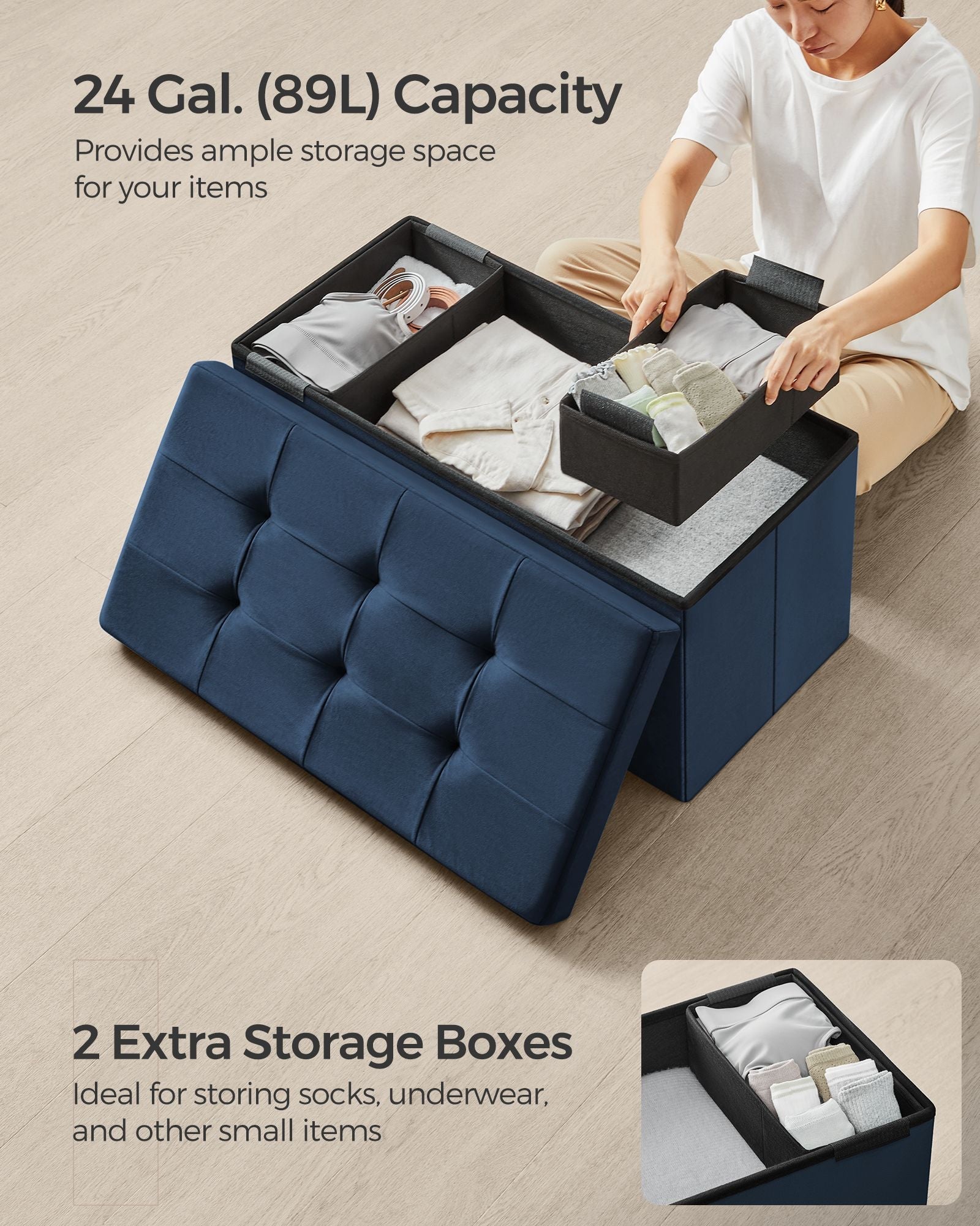 Foldable Storage Ottoman - Velvet - Midnight Blue - Includes Extra Storage Boxes