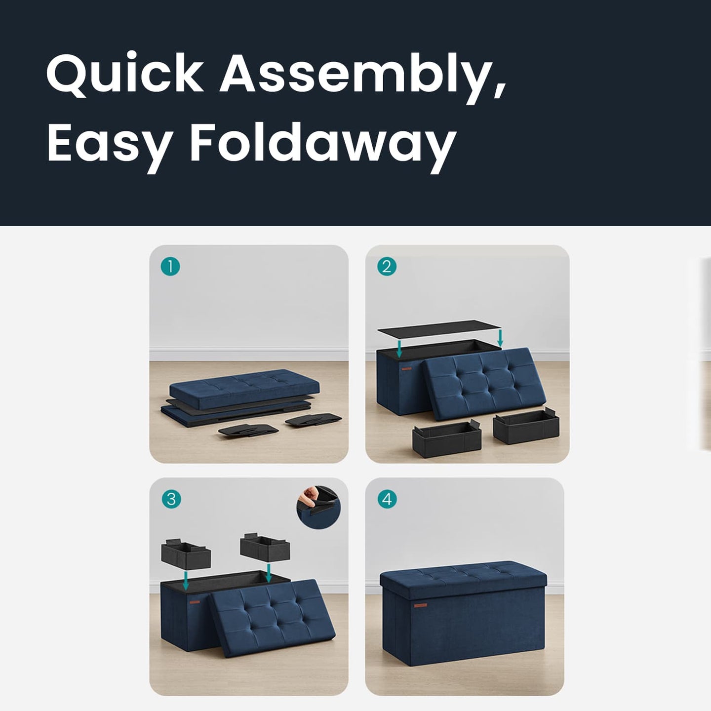 Foldable Storage Ottoman - Velvet - Slate Grey - Includes 2 Extra Storage Boxes