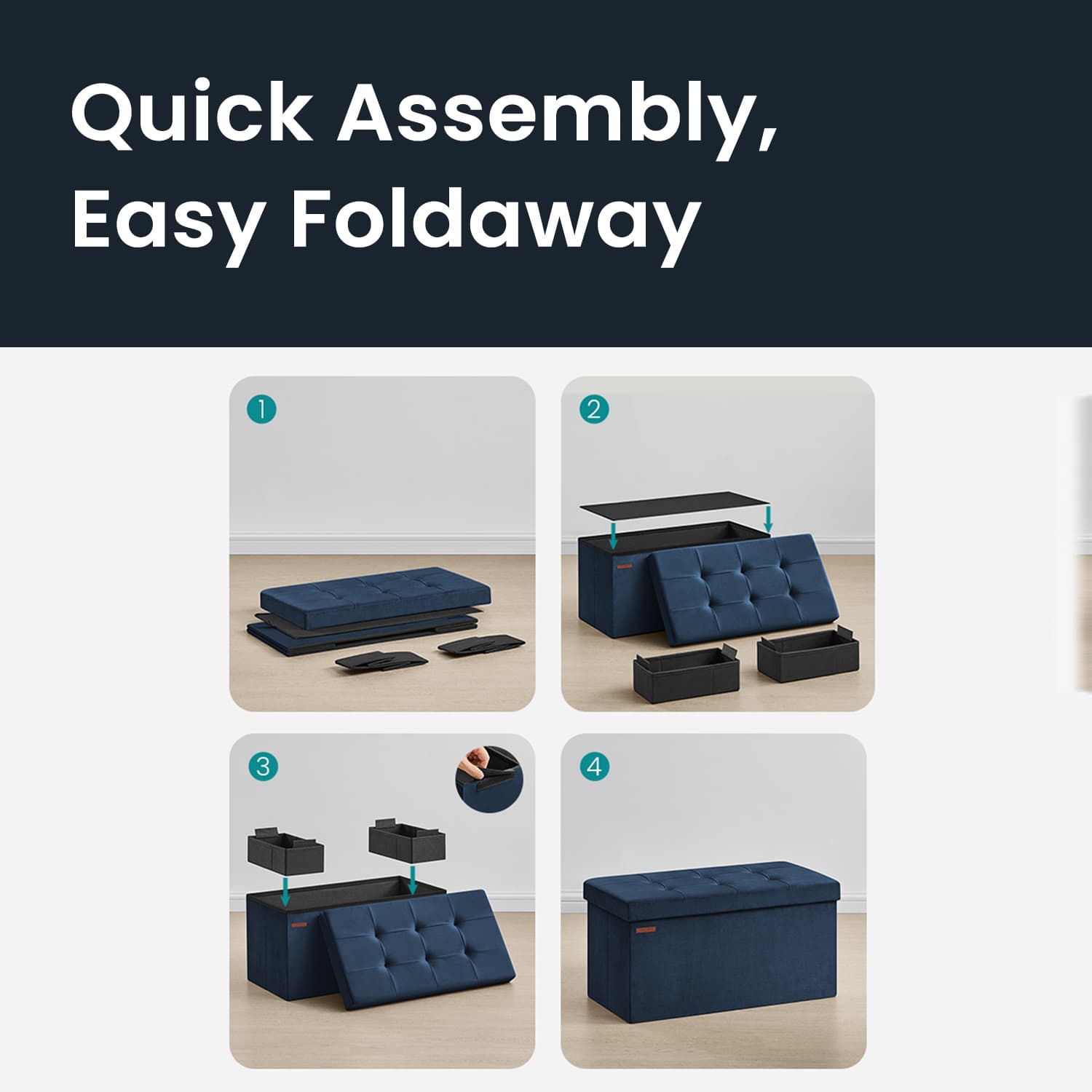 Foldable Storage Ottoman - Velvet - Slate Grey - Includes 2 Extra Storage Boxes