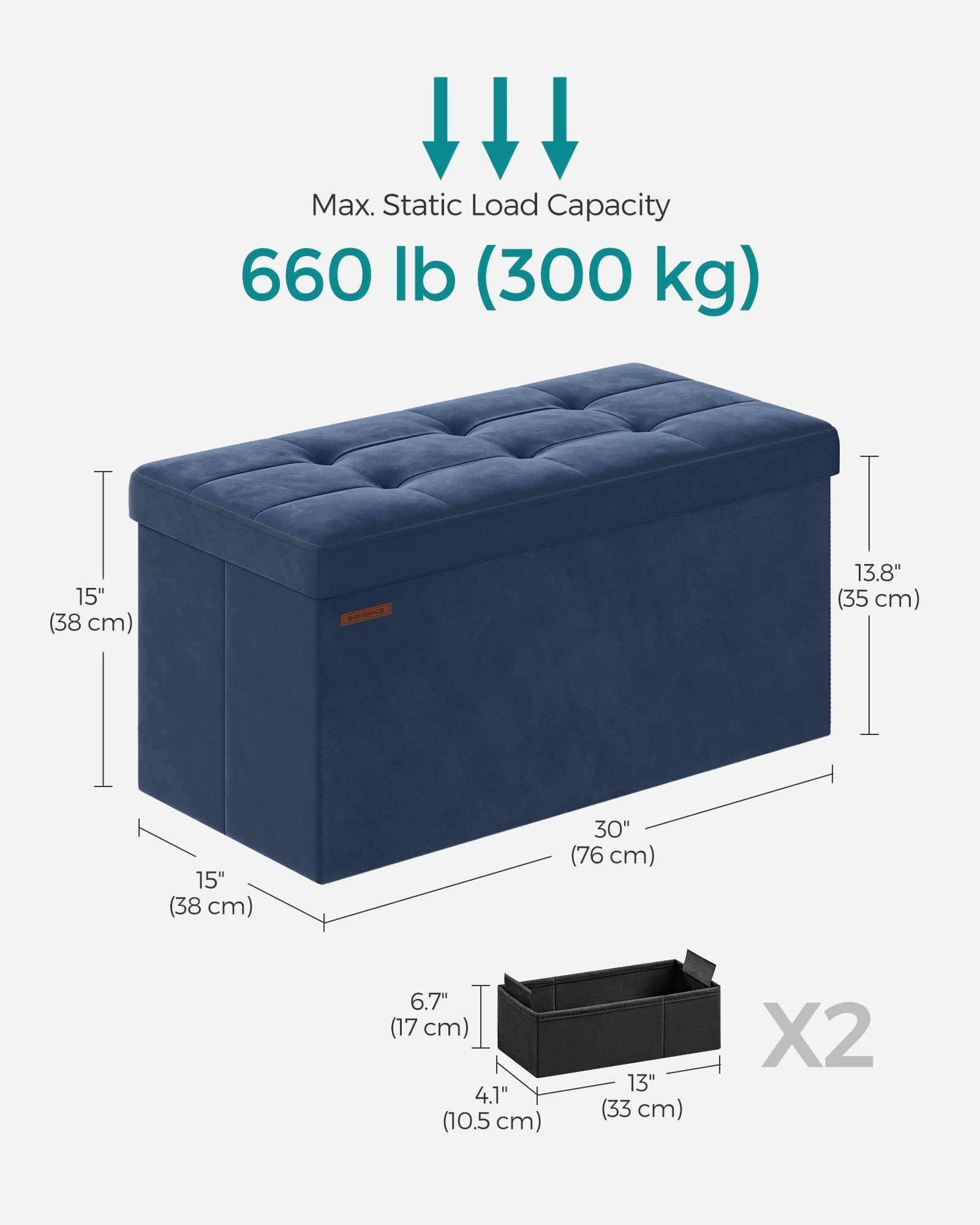 Foldable Storage Ottoman - Velvet - Midnight Blue - Includes Extra Storage Boxes