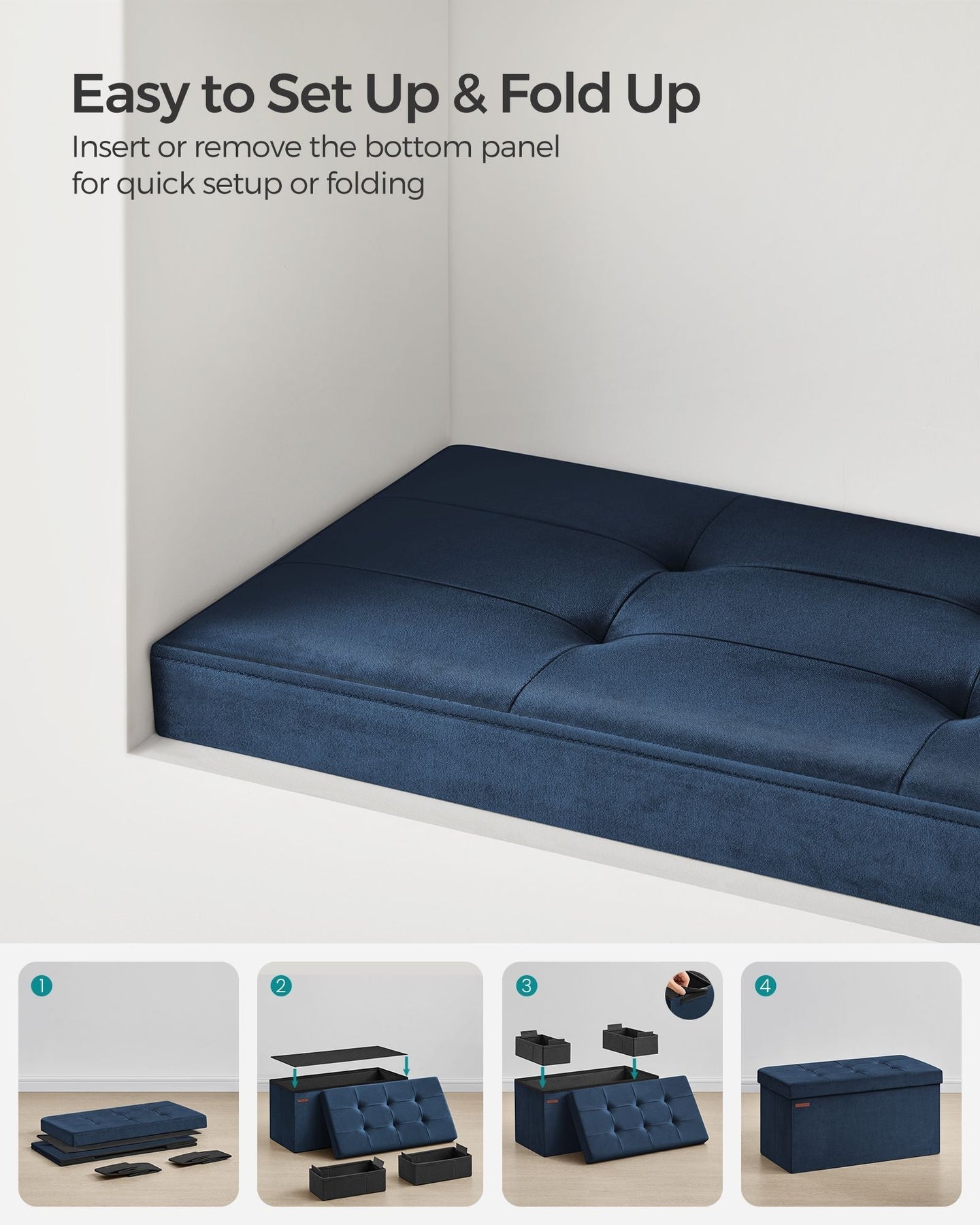 Foldable Storage Ottoman - Velvet - Midnight Blue - Includes Extra Storage Boxes