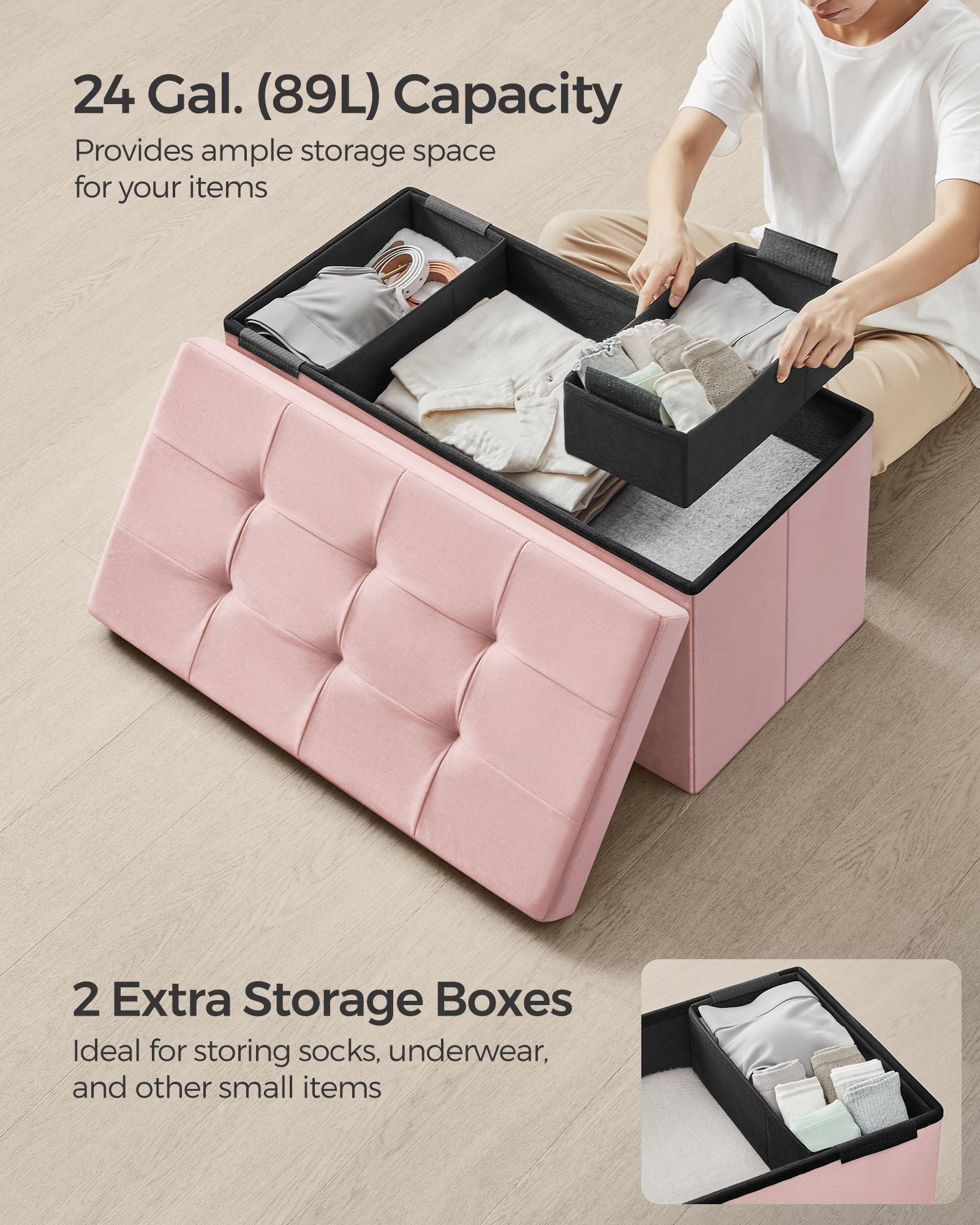 Foldable Storage Ottoman Bench - Velvet - Jelly Pink - Includes 2 Extra Storage Boxes