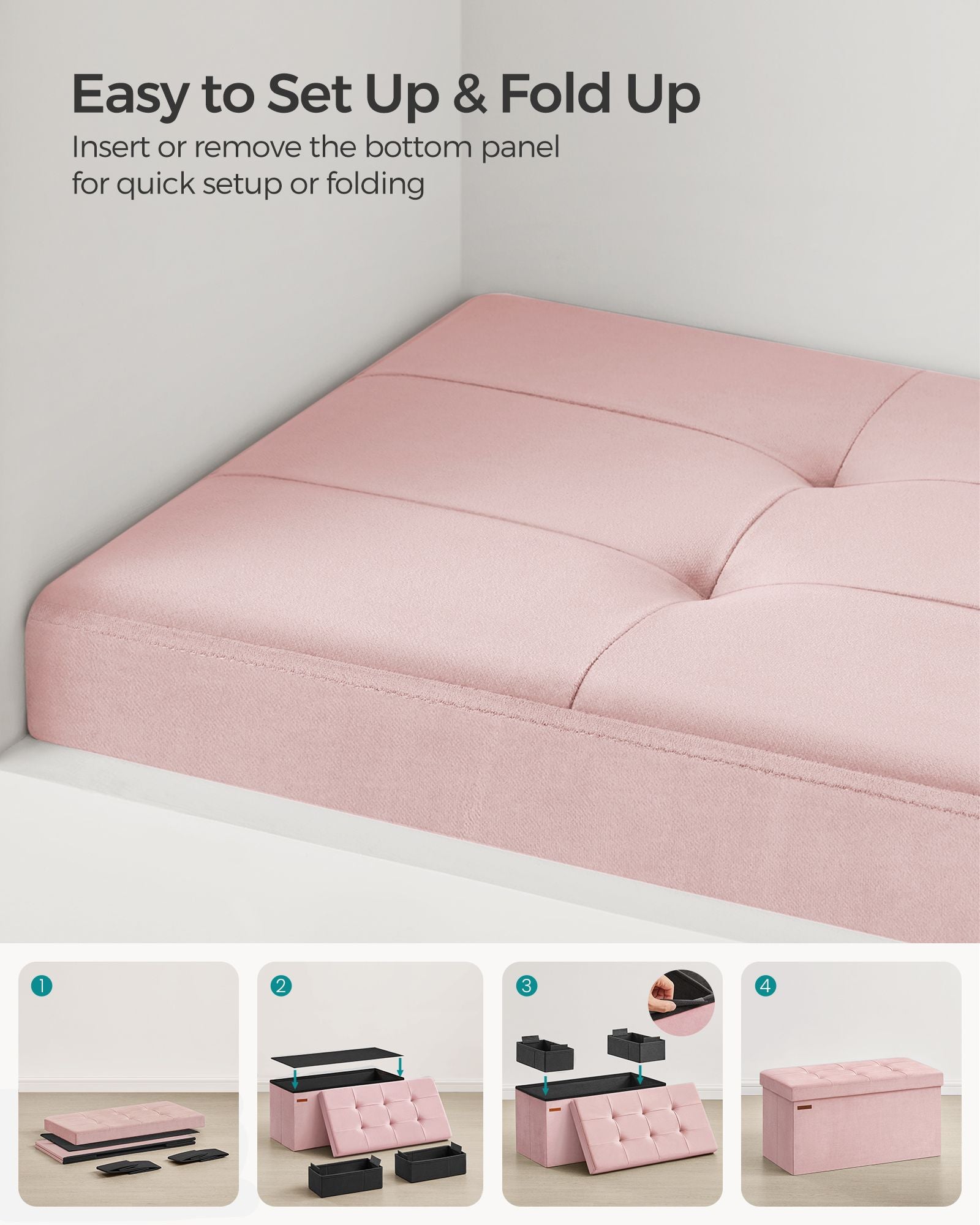 Foldable Storage Ottoman Bench - Velvet - Jelly Pink - Includes 2 Extra Storage Boxes