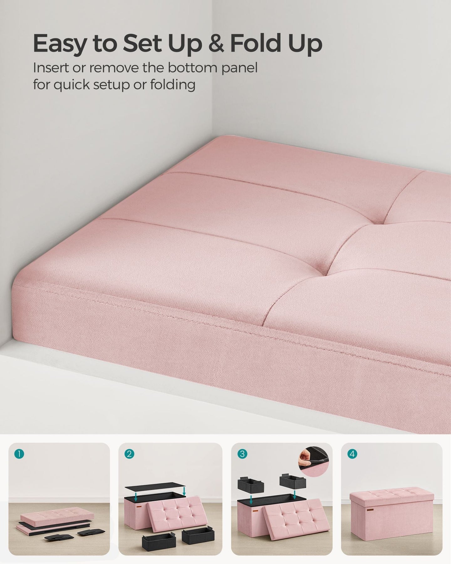 Foldable Storage Ottoman Bench - Velvet - Jelly Pink - Includes 2 Extra Storage Boxes
