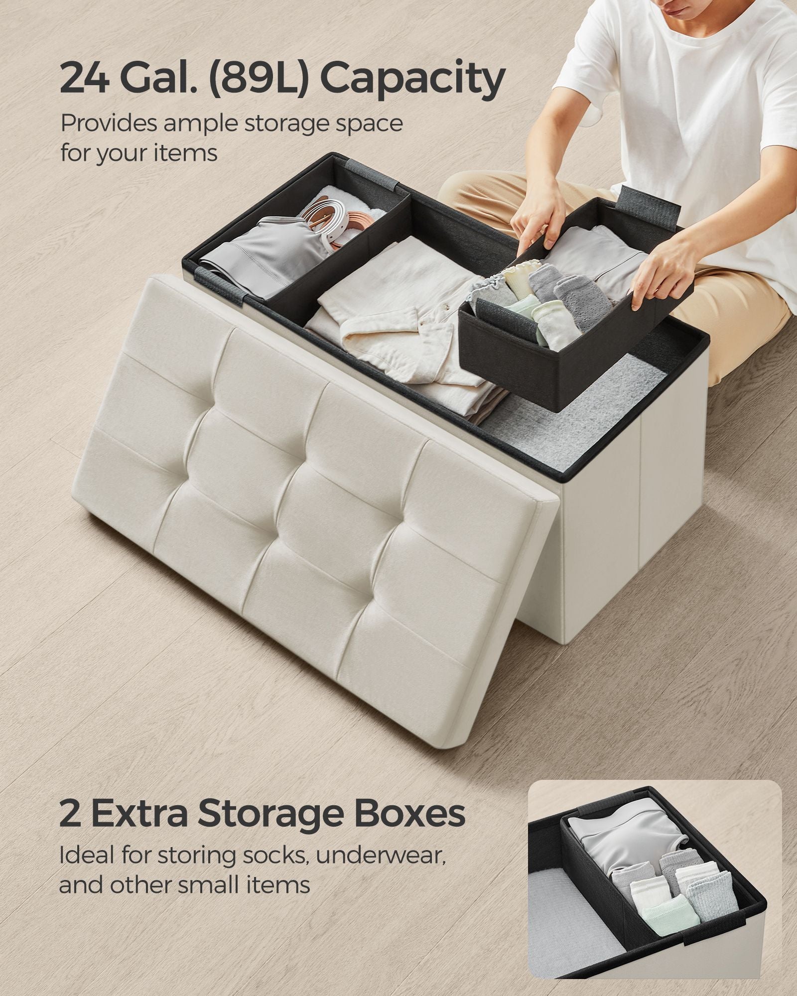 Foldable Ottoman - Velvet - Gray - Multi-functional Storage Bench with Extra Storage Boxes