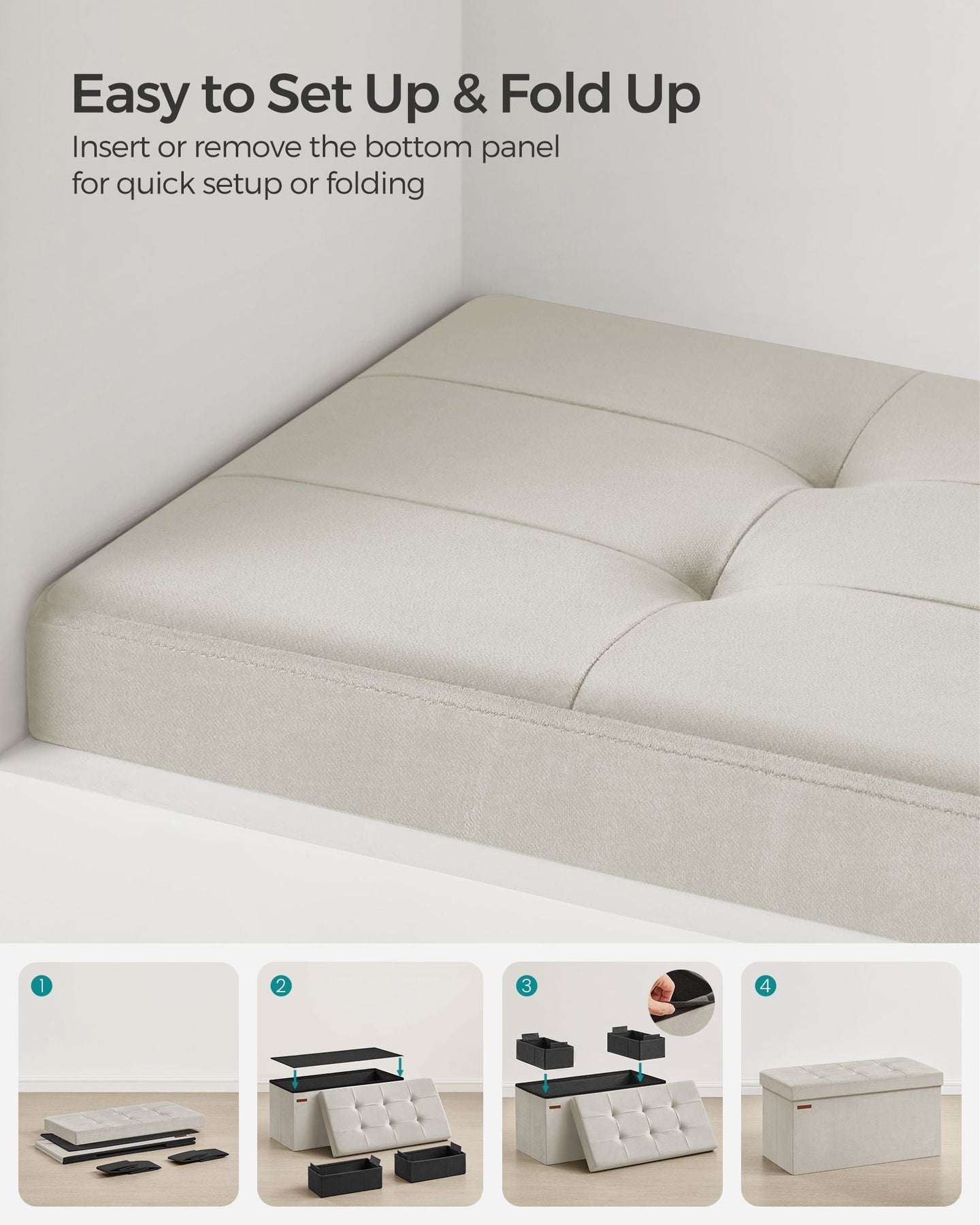 Foldable Ottoman - Velvet - Gray - Multi-functional Storage Bench with Extra Storage Boxes