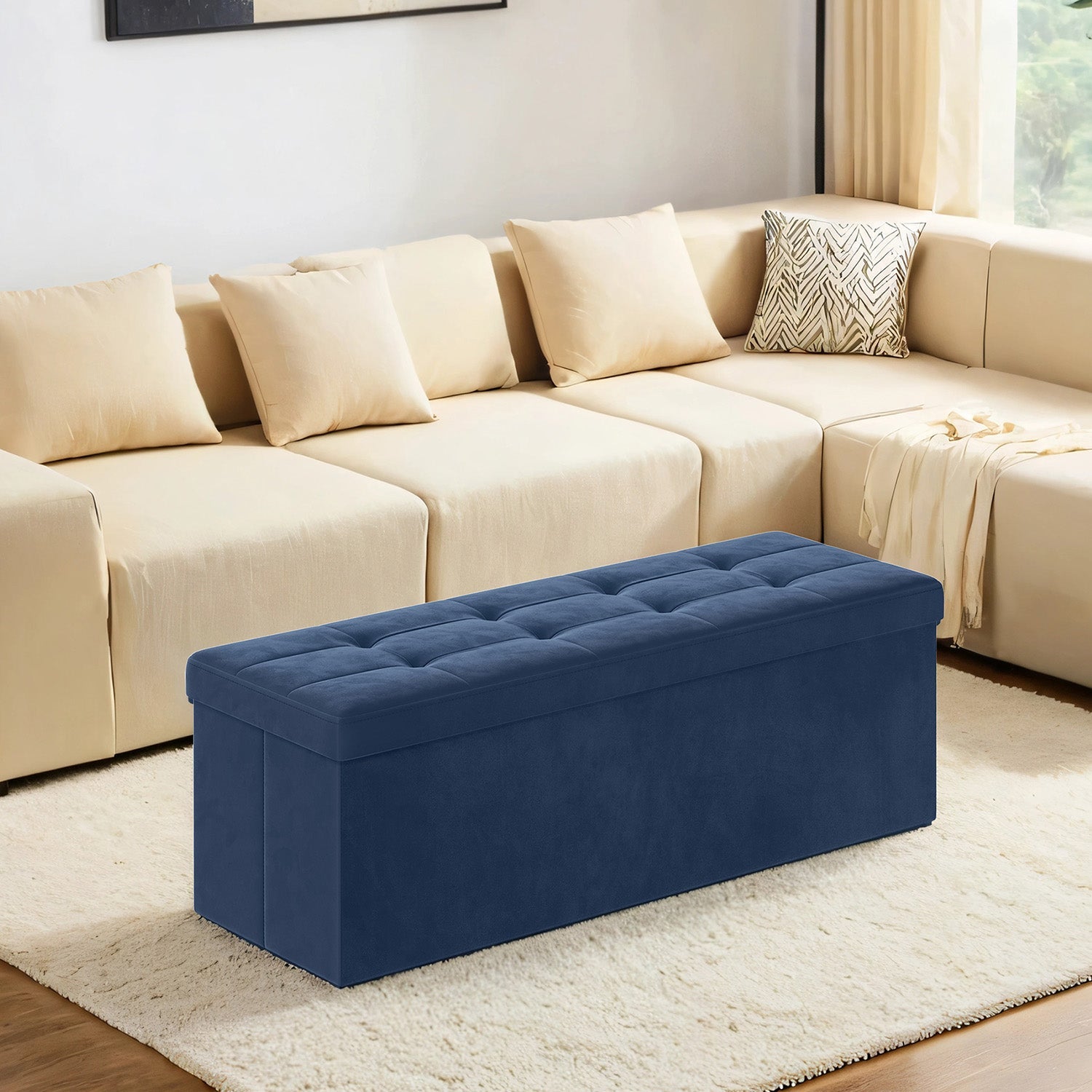 Foldable Storage Ottoman - 300 kg Capacity - Fabric - Blue