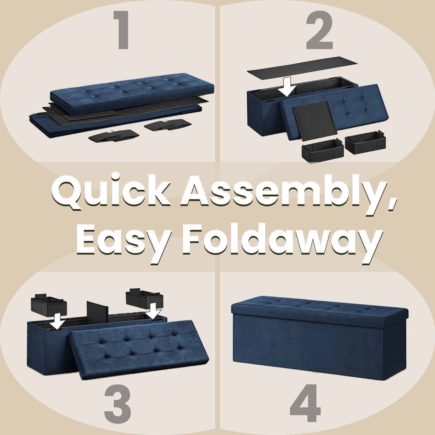 Foldable Storage Ottoman - 300 kg Capacity - Fabric - Blue