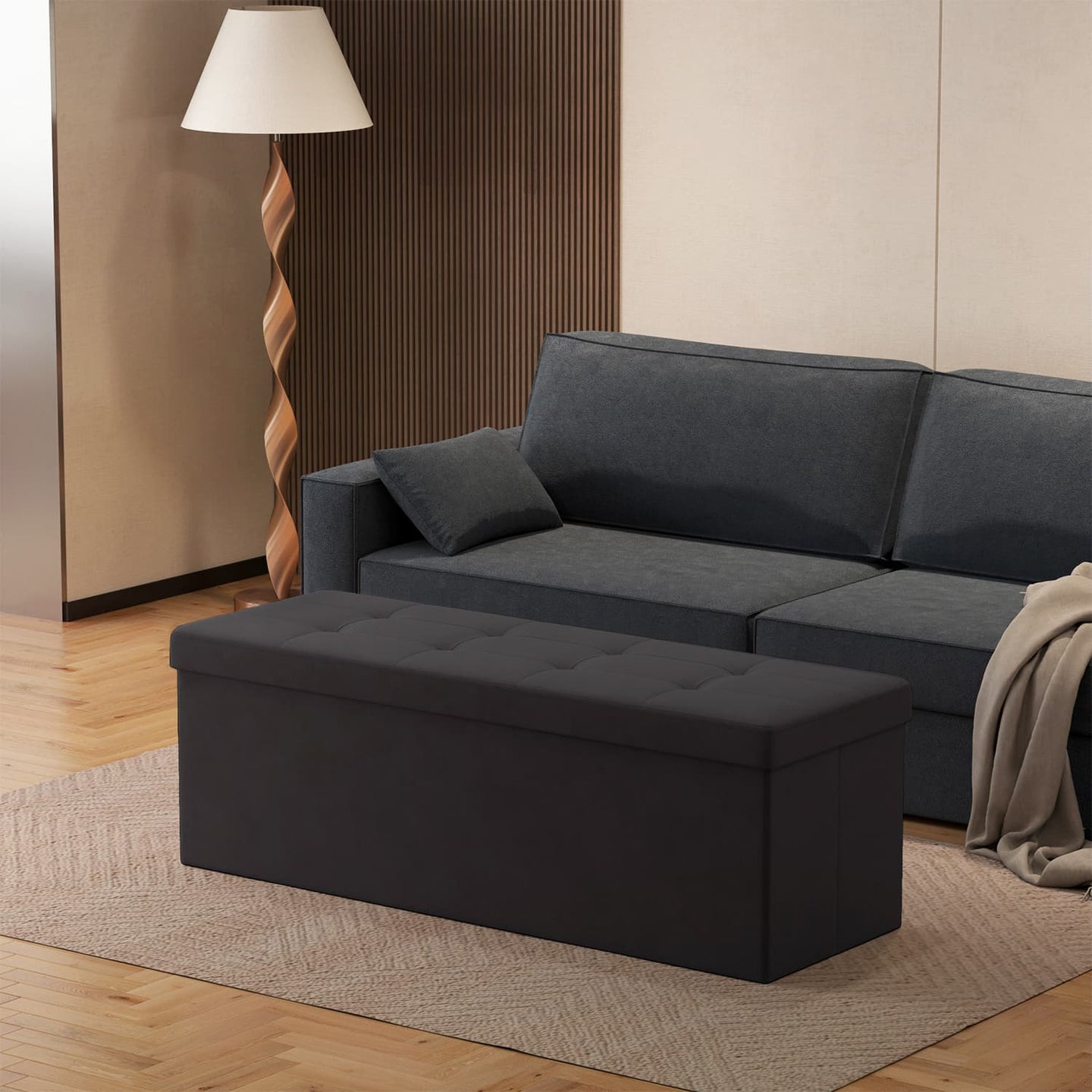 Foldable Storage Ottoman - Velvet - Slate Grey - Includes 2 Extra Storage Boxes
