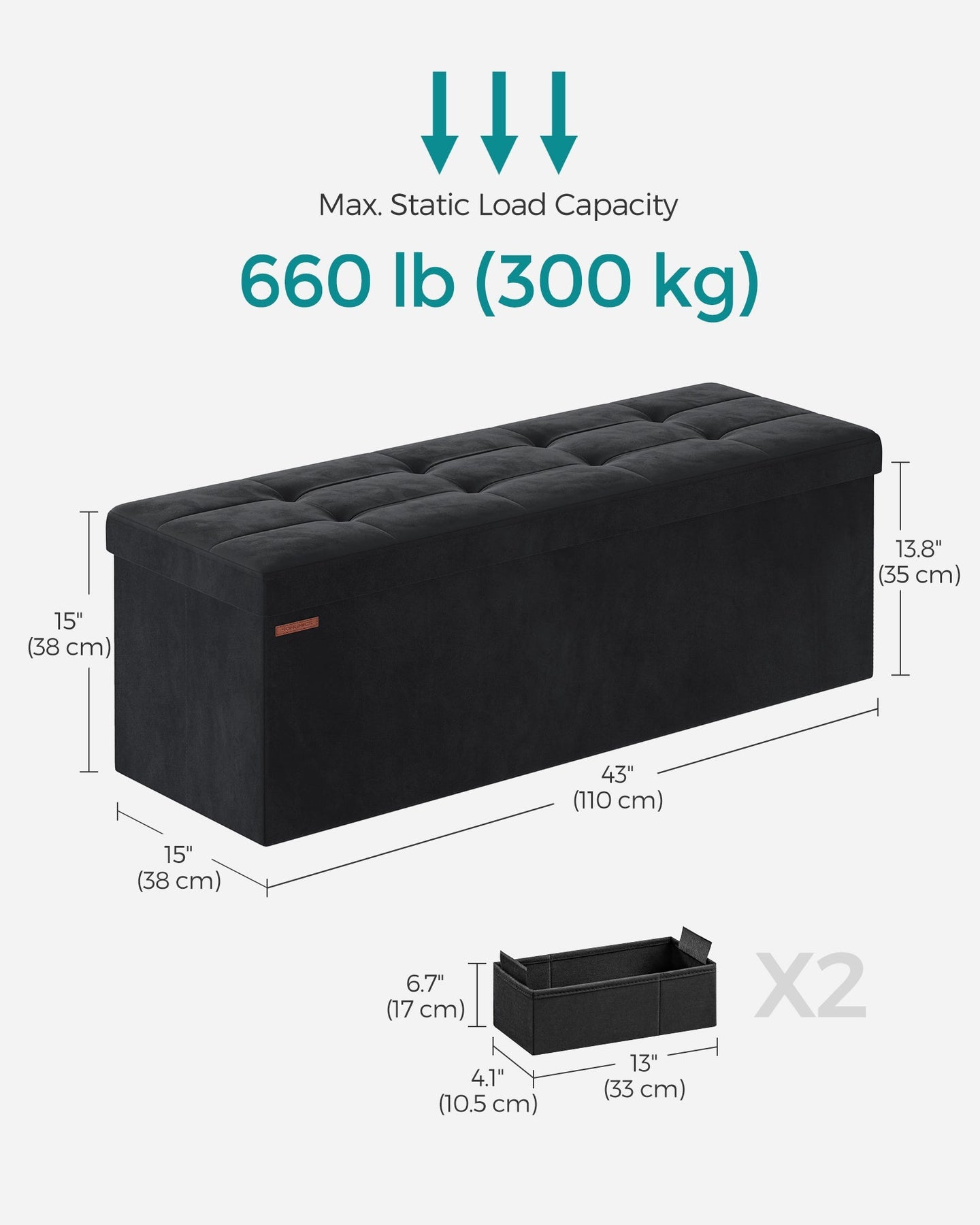 Foldable Storage Ottoman - Velvet - Ink Black - Includes 2 Extra Storage Boxes